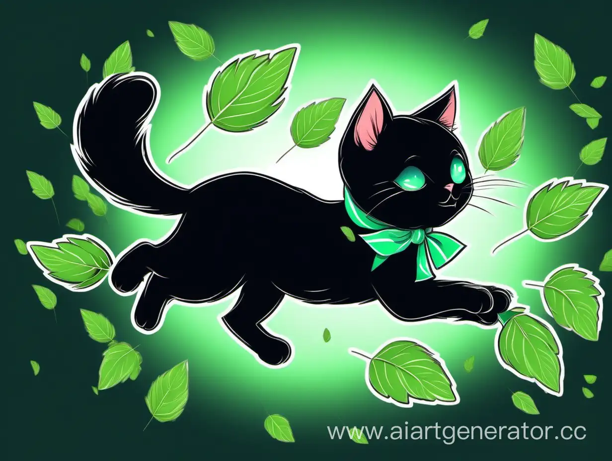 Playful-Black-Cat-Chasing-Mint-Leaves-in-the-Wind-Dark-Background-Mint-Banner