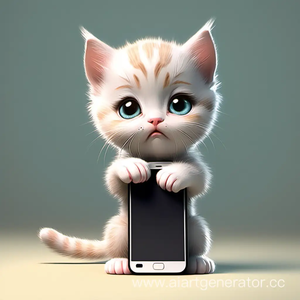 милый грустный котёнок стоит на задних лапках, в передних лапках у него смартфон и со слезами на глазах смотрит в камеру