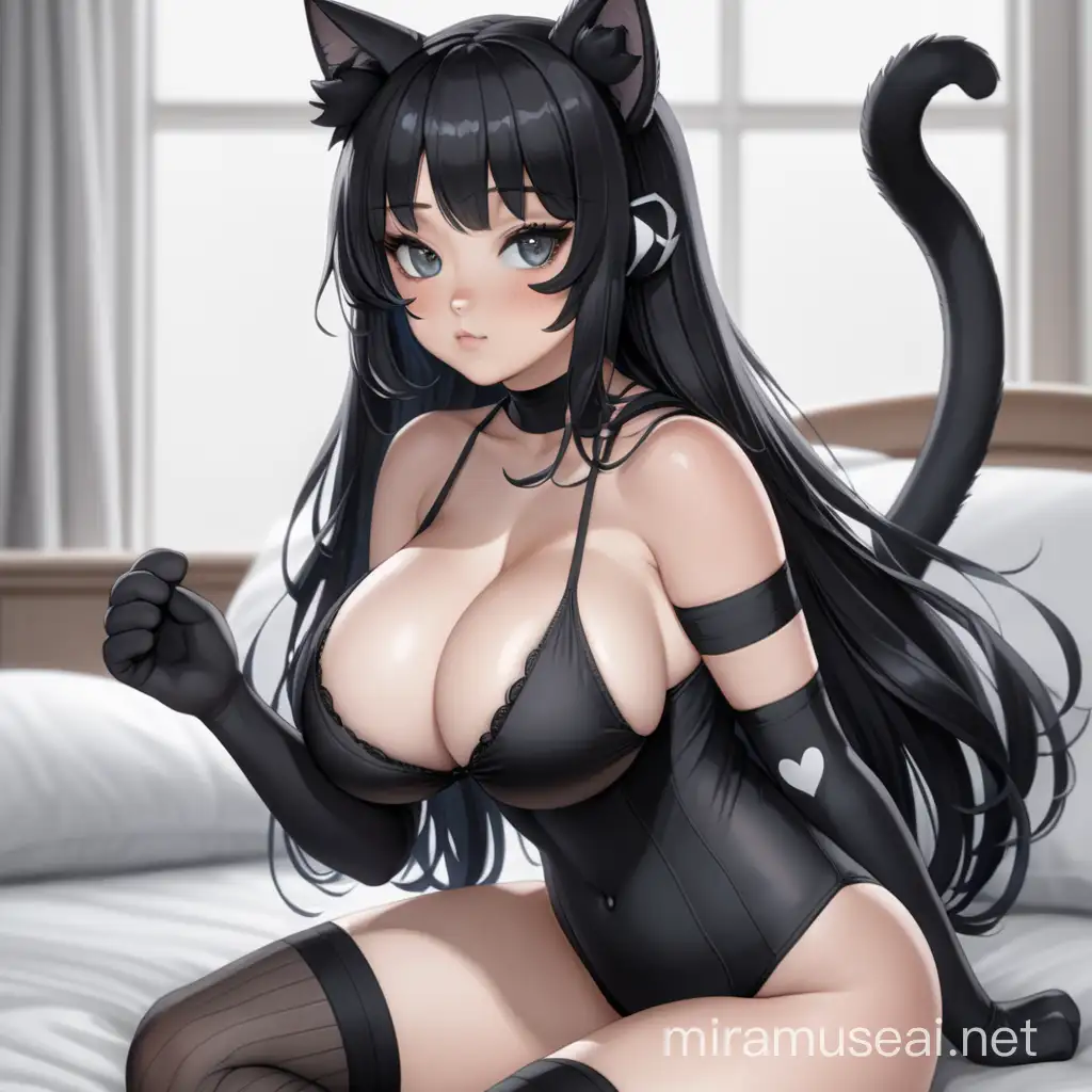 Adorable Cat Girl in Black Swimsuit with Grey Accessories
