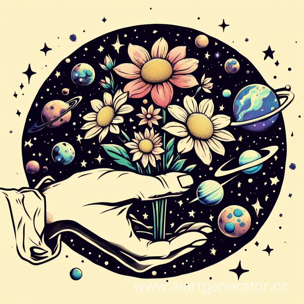 логотип команды  E P с рукой сбоку которая держит букет цветов. и вокруг галактика и планеты