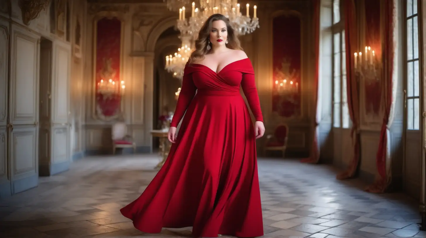 beautiful, sensual, classy elegant plus size model wearing off-shoulder cherry red dress with a slightly flared skirt that ends just below the ankles, slightly flared long skirt,  skirt is made from the same cherry red fabric as top, fitted bodice, v-neck top covering shoulders, long fitted sleeves, empire defined waistline with a waistband tonal to the dress, hair is flowing, luxury photoshoot inside a magical winter castle in France, winter decorations  inside the rooms in the castle, antique background