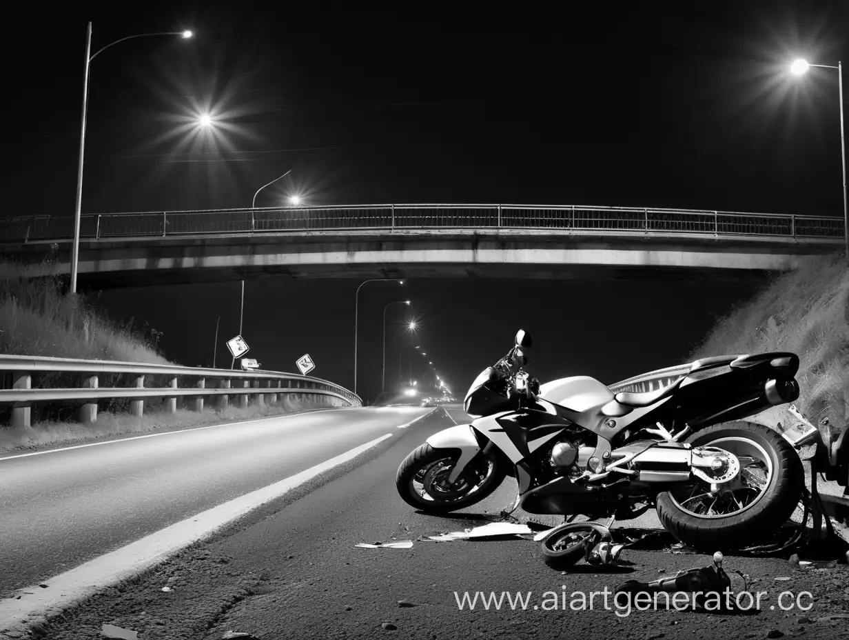 Nighttime-Motorcycle-Accident-on-Bridge-Dramatic-Black-and-White-Scene