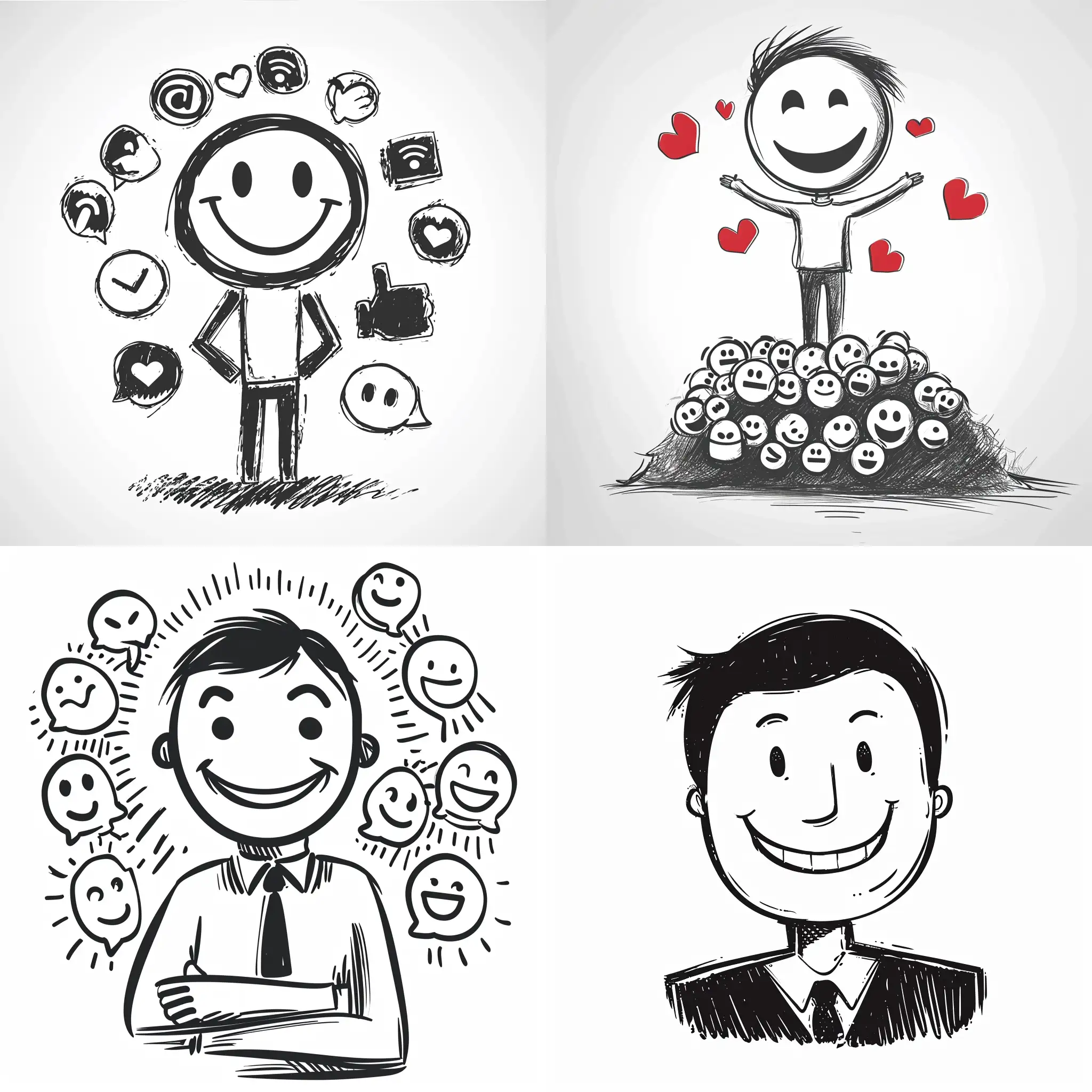 happy face for businessman who aims to achieve a large number of followers on social networking sites, on white background,  in a minimalist  sketch style,  black and white background. 