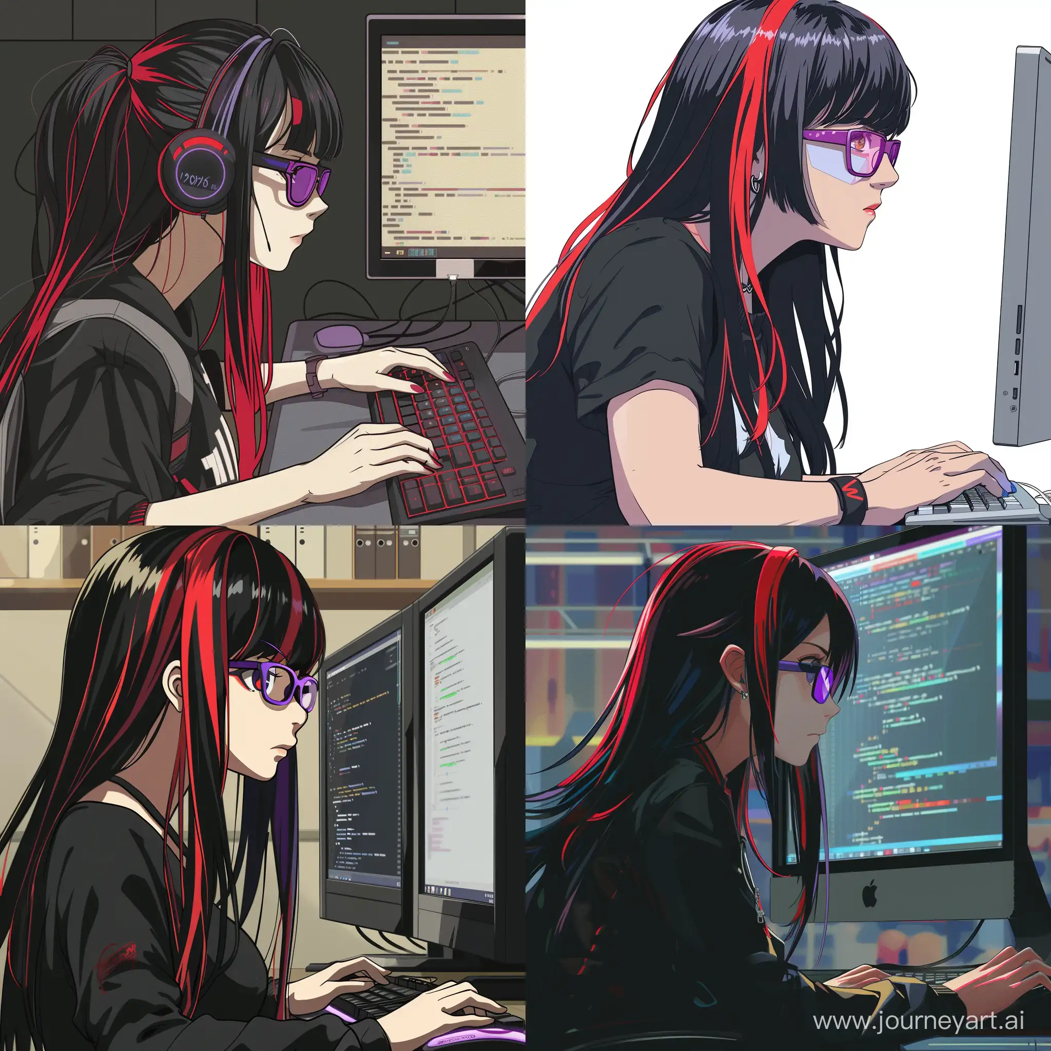 une femme type manga shonen avec cheveux longs noirs, mèches rouges, petites lunettes rectangulaires et violettes. Elle est en train de programmer en pyton sur un ordinateur