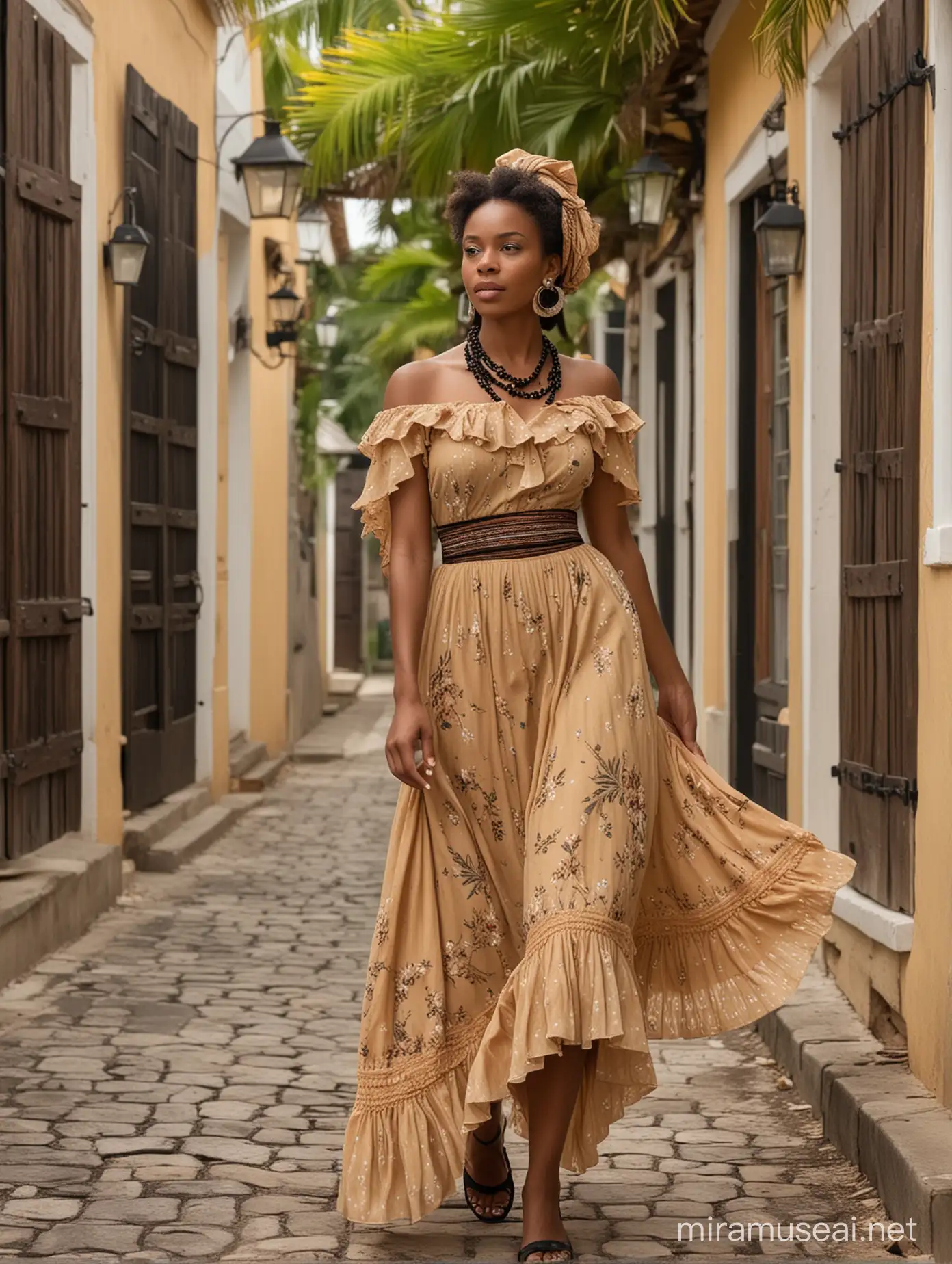 the beautiful carribean 1800s woman wearing a carribean dress an a elegant woman's scarf  walking in a near 1800s carribean house. in the style of light brown and dark black, 1800 s carribean influences, fashwave, candid celebrity shots, uhd image, body extensions, natural beauty --ar 69:128 --s 750 --v 5. 2
