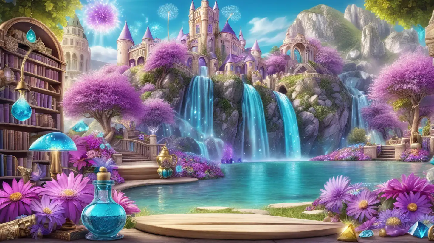 Magical Fairytale with bright purple waterfall-pink and gold and gemstones and treasure chests and bright-turquoise flowers-growing by an oasis with bright sunny sky and giant dandelions and with bookshelves and purple and green and potions