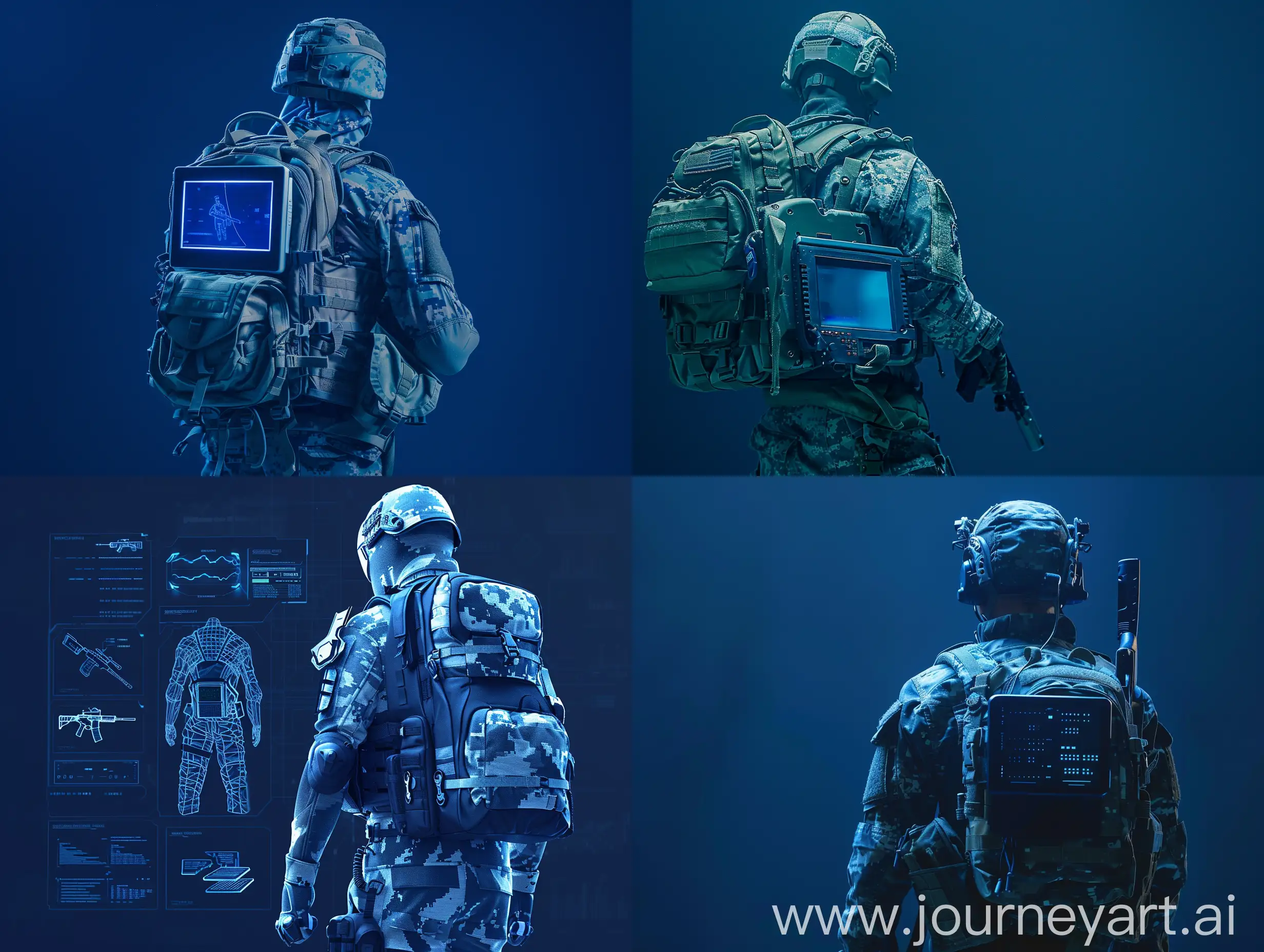 Recruit training system, simulation of combat, big scene whole body, dark blue background, individual soldier simulator, knapsack computer, simulated firearms weapons, future science and technology sense
