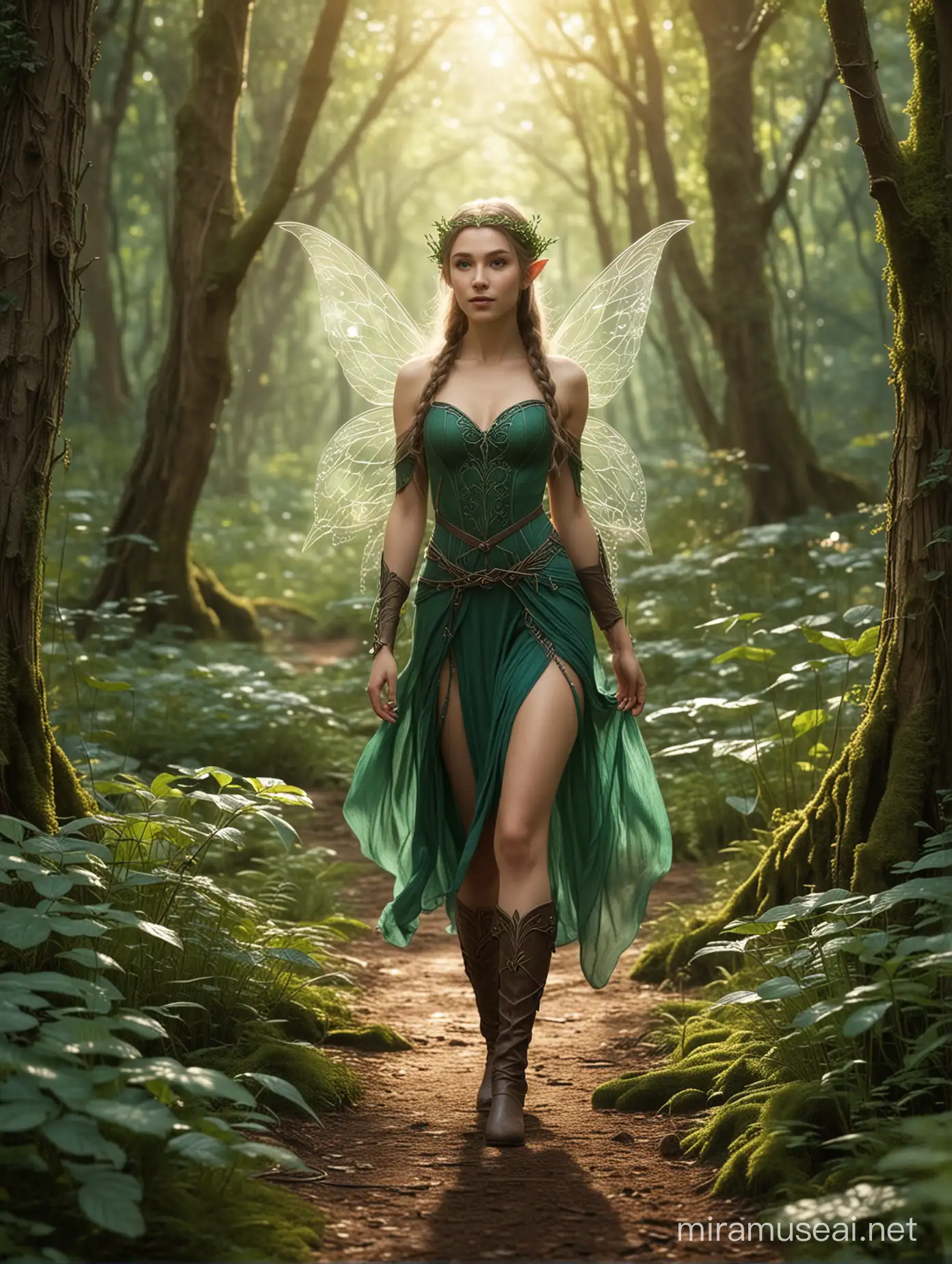 An Elven fairy walking through a beautiful forest landscape