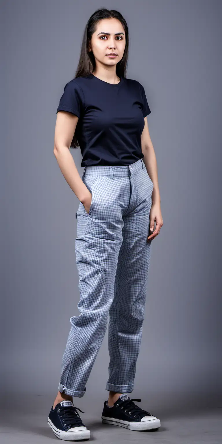 woman wearing blue and white small checkered  trousers, worker factory uniform, casual trousers, gray tshirt, black sneakers, full body, grey background