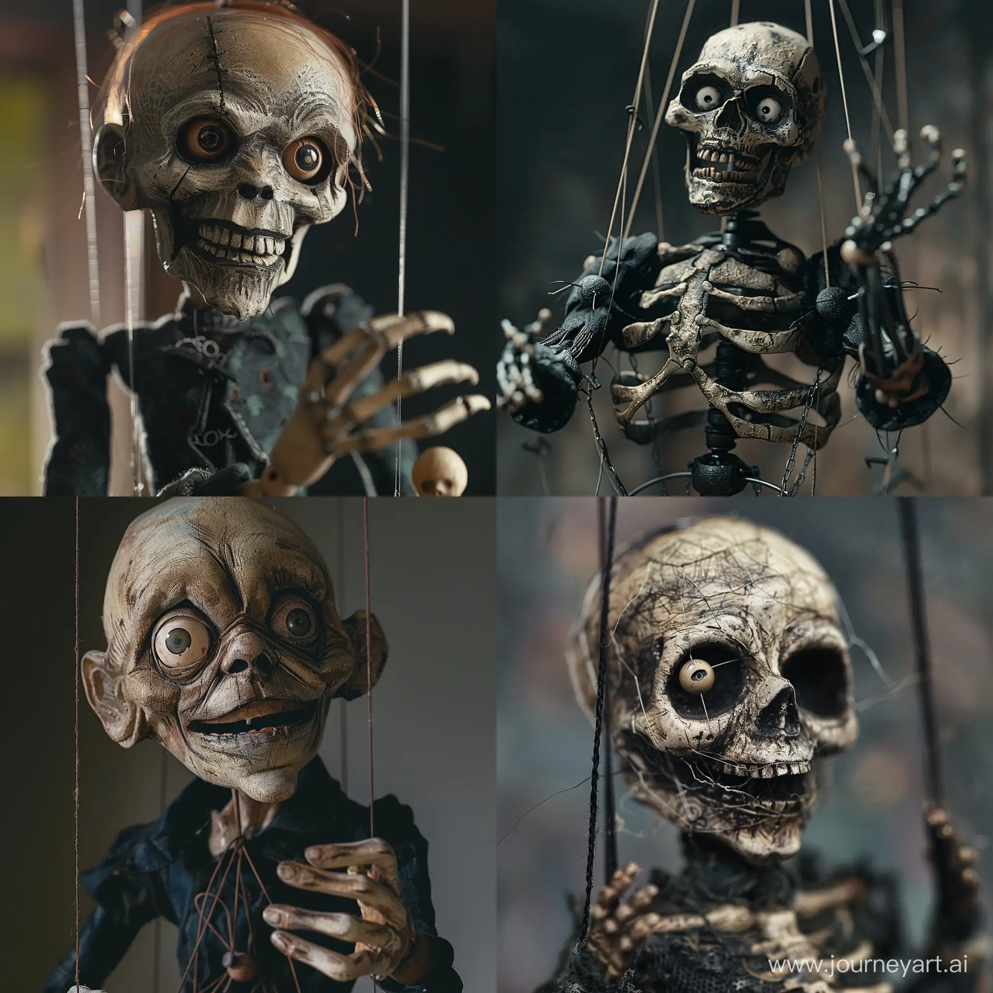 Craft an image that captures the unsettling quality of the macabre marionette. Convey the idea of a puppet with a sinister will of its own.