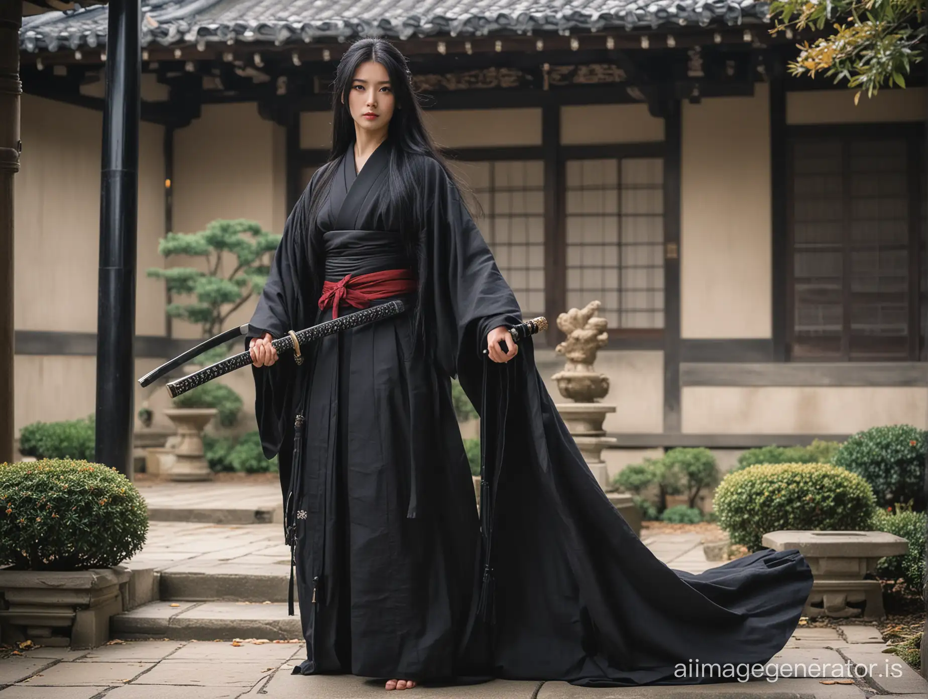 Black Kimono, long black hair, on a mansion courtyard, holding a katana