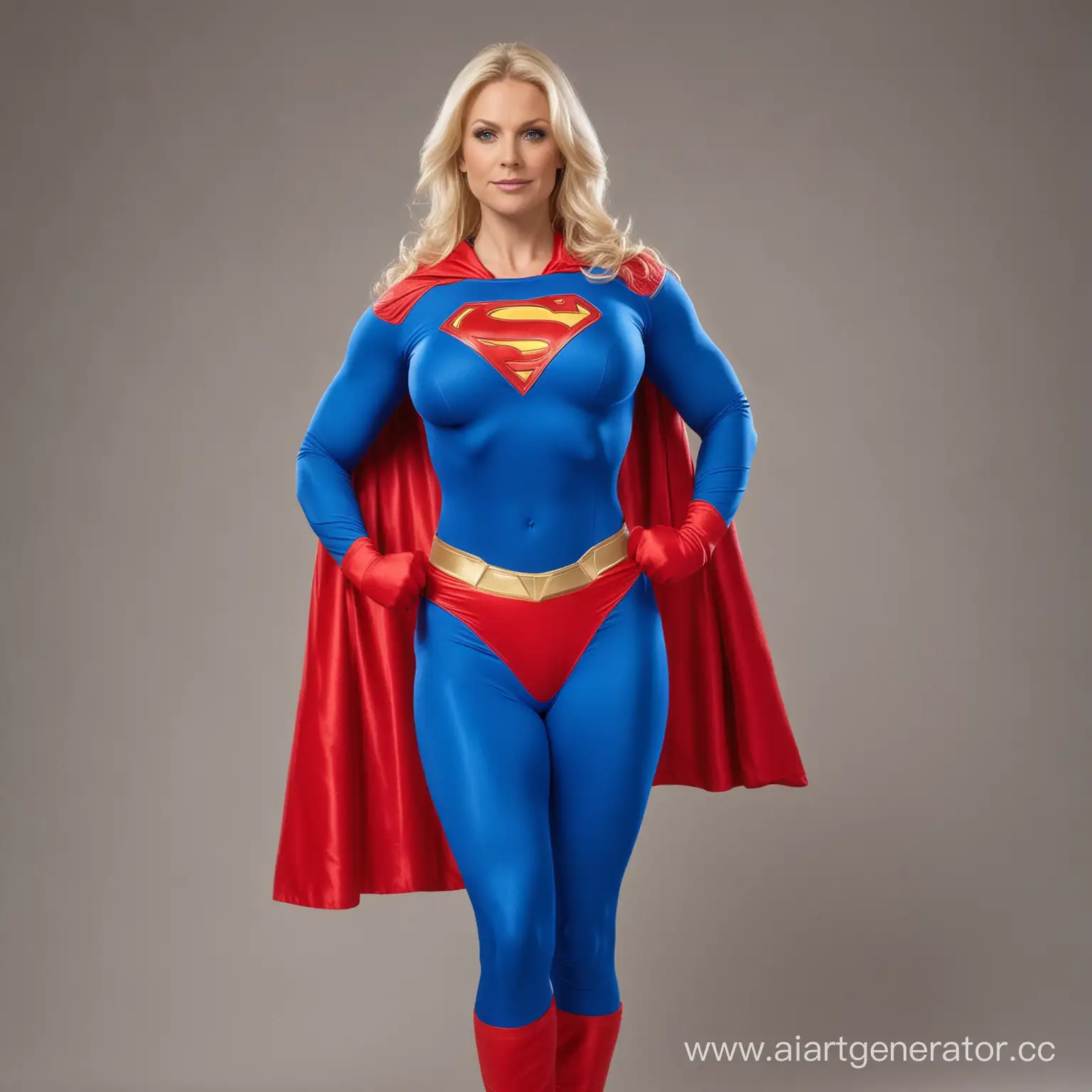Blonde, super woman, bright blue costume, bright red cape, huge muscles flexing, huge breasts, milf