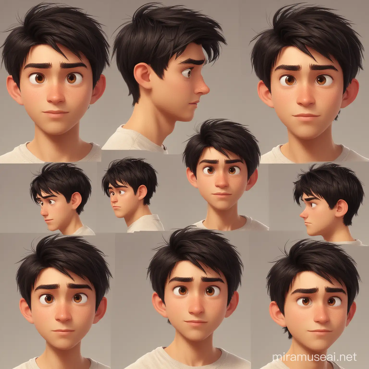 Marvels, 18 year old boy, short black hair, light brown eyes, pixar style, cartoon characters, Multiple expressions. Multiple poses, Character sheet, full body
