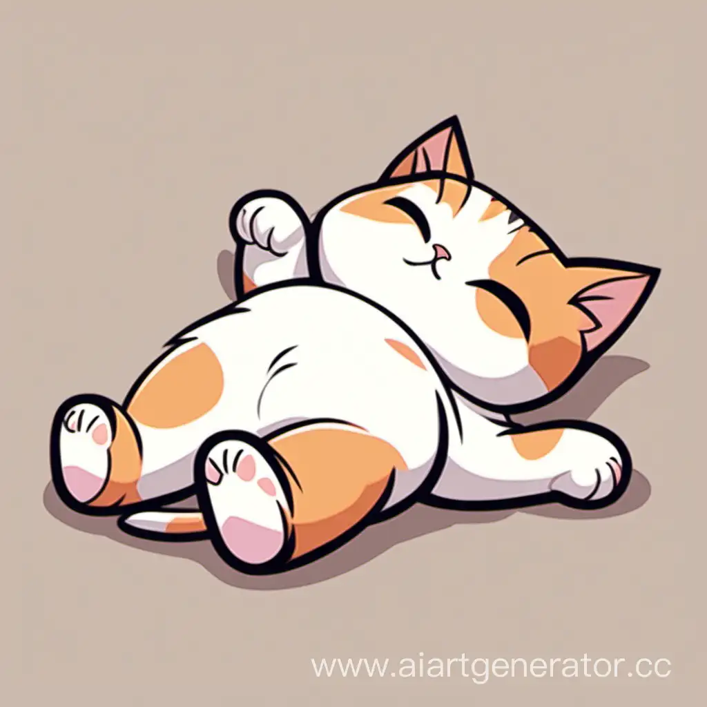 уставший котенок, лежит на спине, вытянутый, анимационный стиль