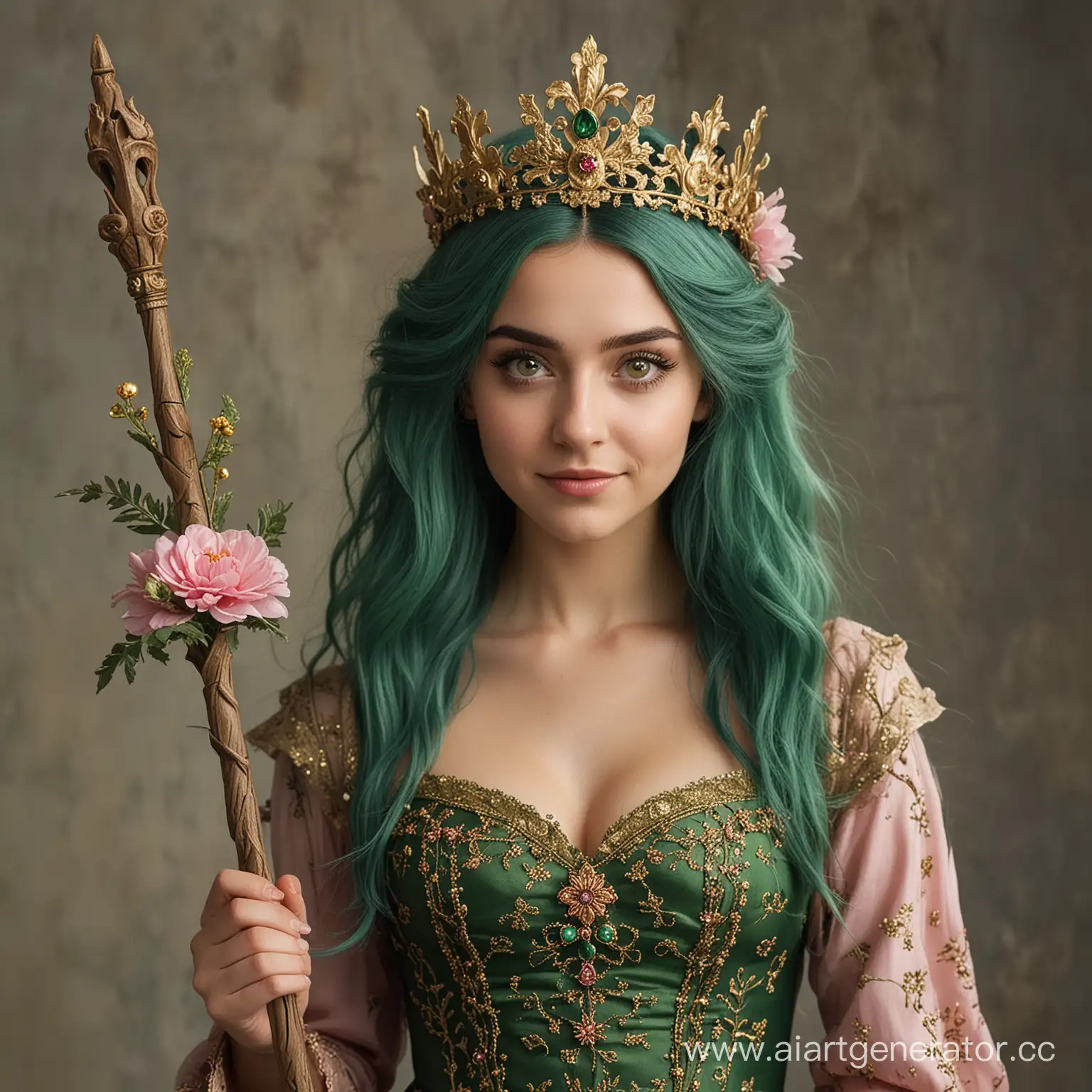 Девушка 25 лет со злобной, хитрой ухмылкой, длинными тёмно-зелёными волосами на которых заколки в виде разных цветков, зелёными глазами, в зелёном платье с золотыми узорами и драгоценными кристаллами, с золотой короной с изумрудами на голове,  с посохом из ствола дуба с розовым цветком в поднятой правой руке 