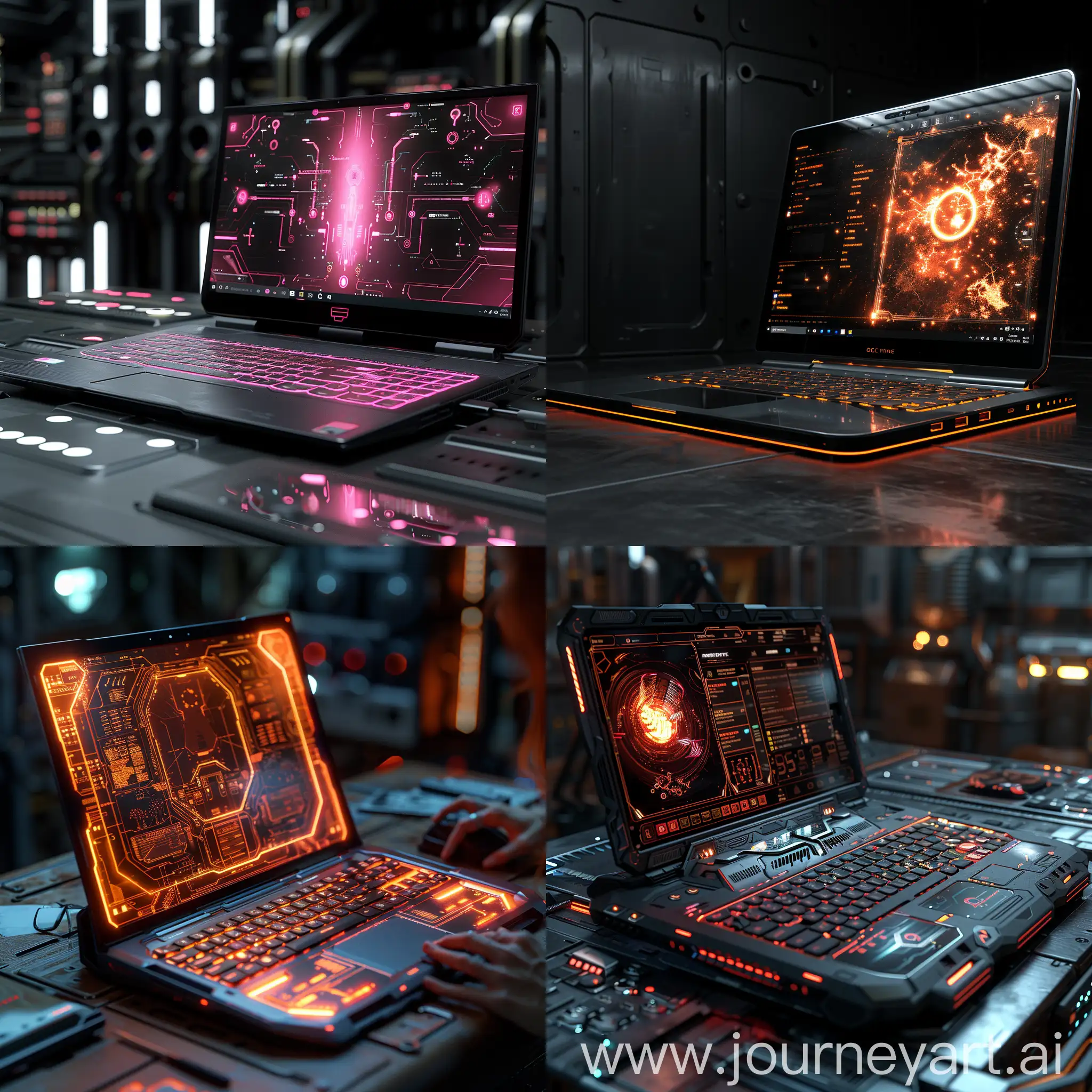 Futuristic laptop, Holographic Display, Biometric Security, AI Integration, Modular Design, Wireless Charging, Augmented Reality (AR) Support, Voice Control, Ultra-Thin and Lightweight, Self-Healing Materials, Quantum Computing, Bezel-Less Display, 360-Degree Hinge, RGB Lighting, Transparent Touchpad, Ergonomic Keyboard, Dynamic Cooling System, Hidden Ports, Immersive Sound System, Futuristic Materials, Personalization Options, octane render --stylize 1000
