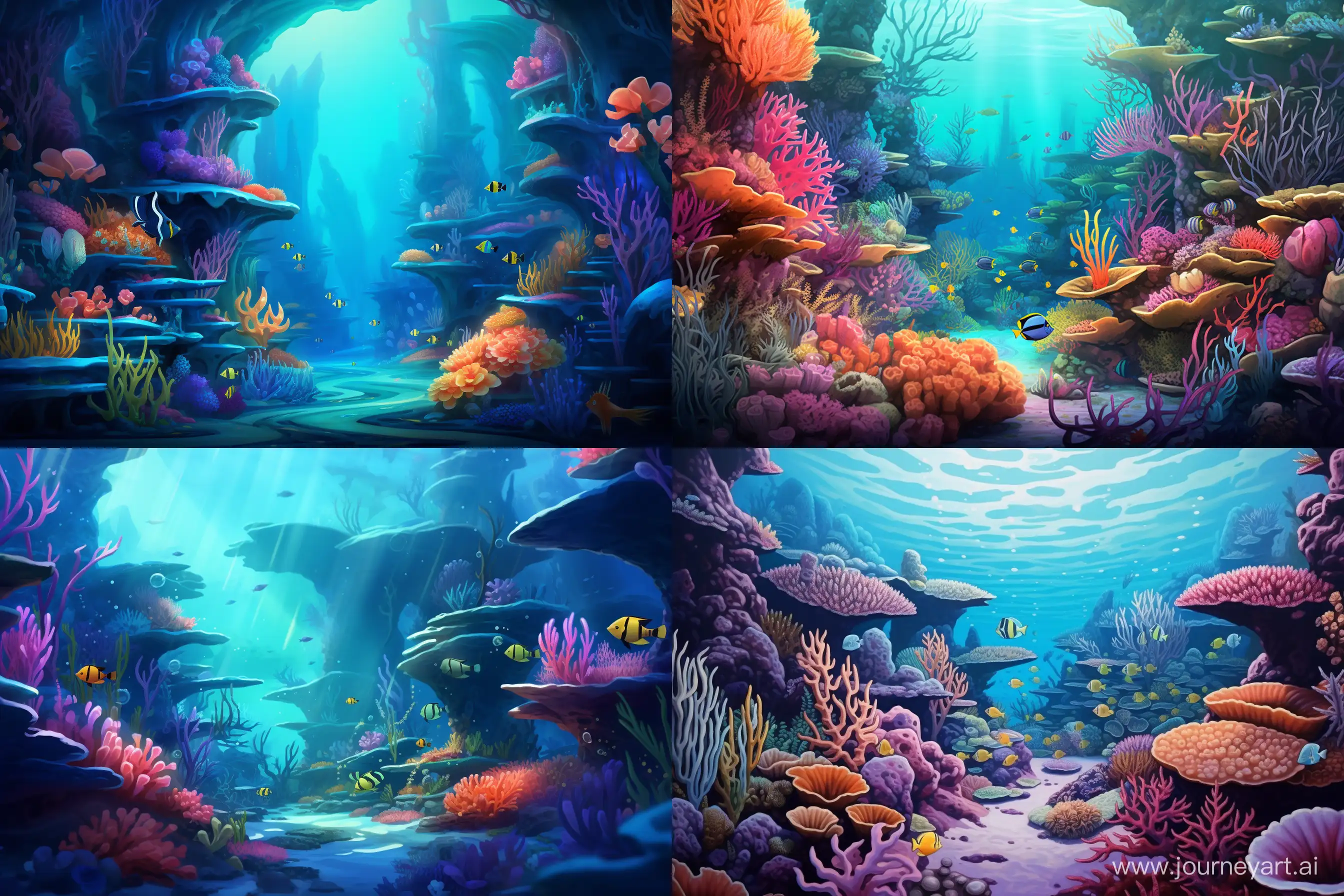 Intrincate Underwater world coral landscape WITH FISHES --seed 777 --ar 3:2 --v 5.2