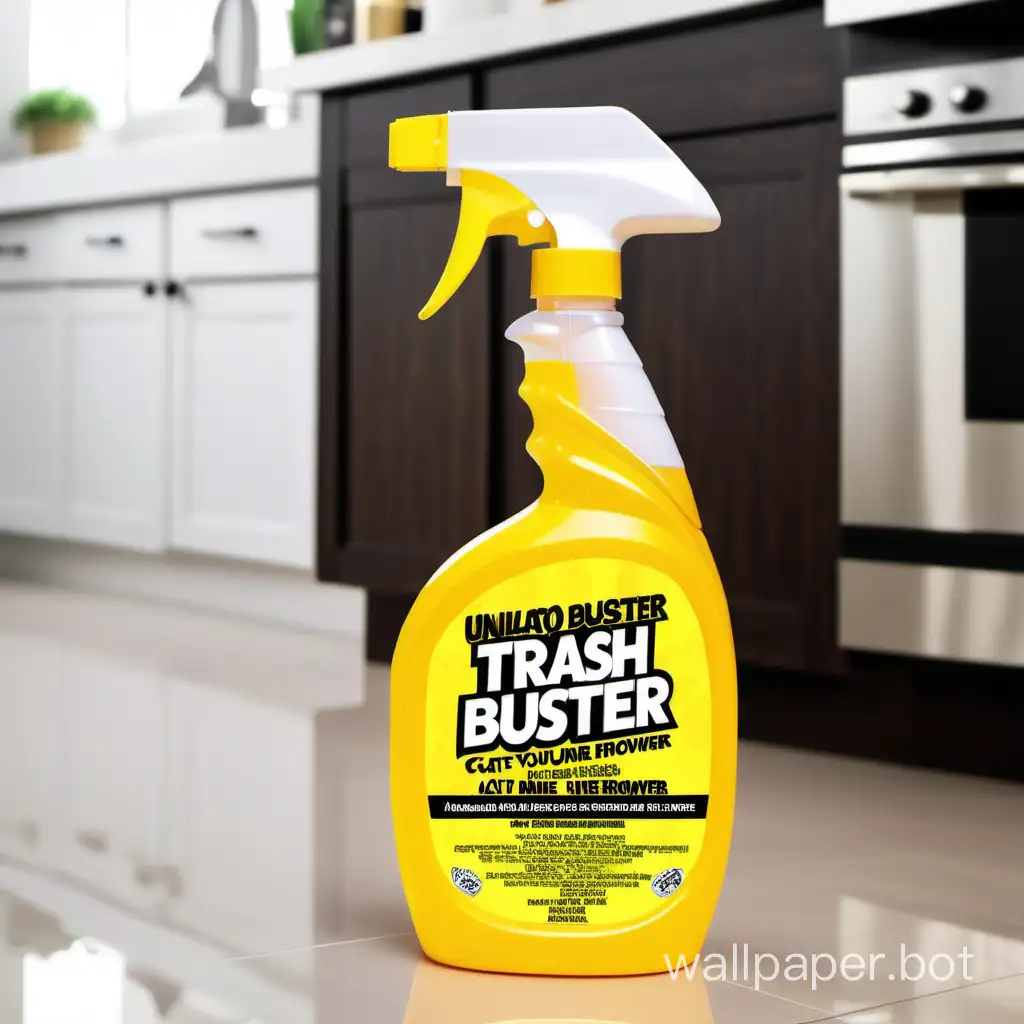 Beautiful mulatto shows spray bottle yellow Trigger cat urine odor remover, labeled TRASH BUSTER, cleans the kitchen