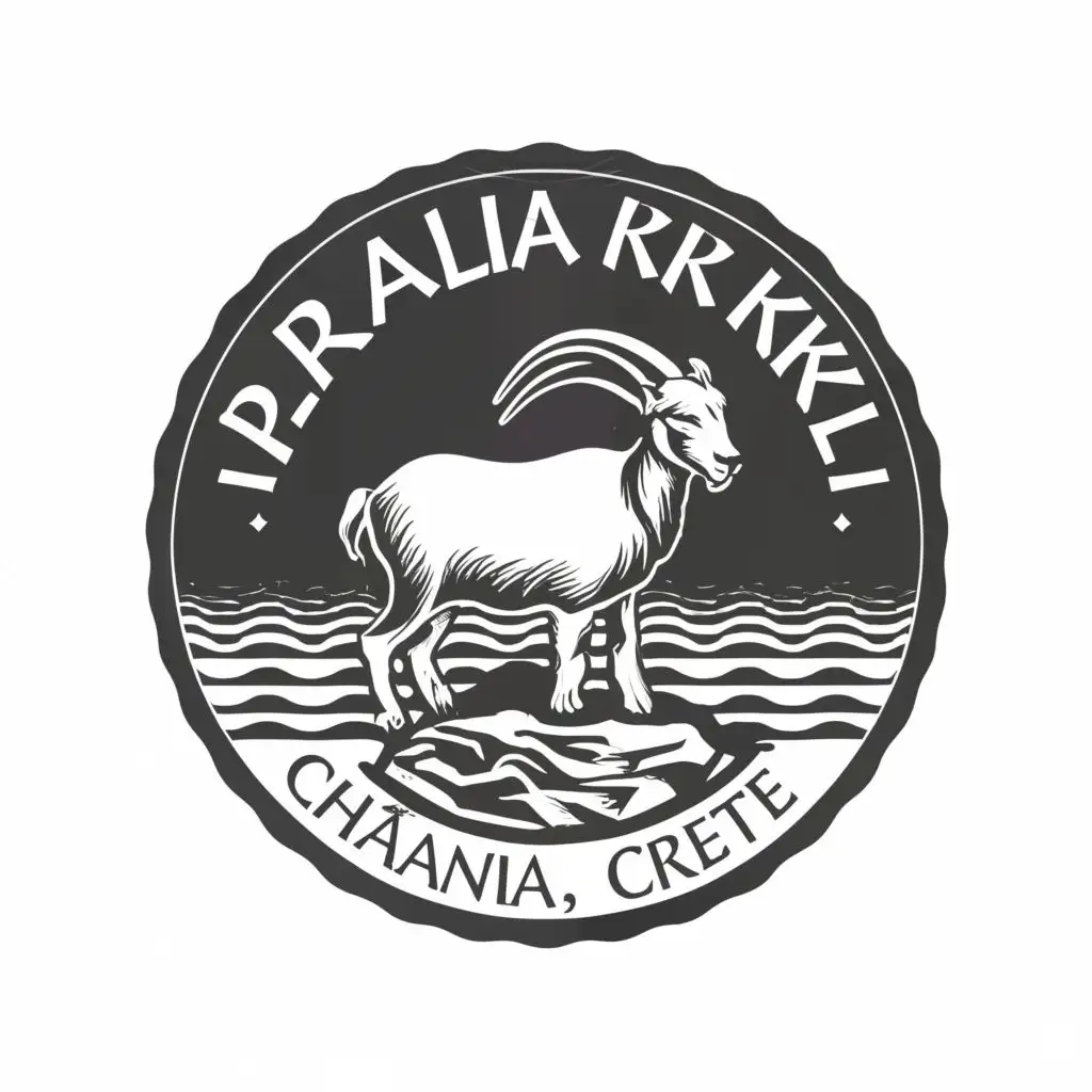 logo, Greek style white mountain goat standing on rocks surrounded by Greek style ocean waves in black and white, with the text ""Paralia Kri-Kri" Chania, Crete", typography, be used in Retail industry
