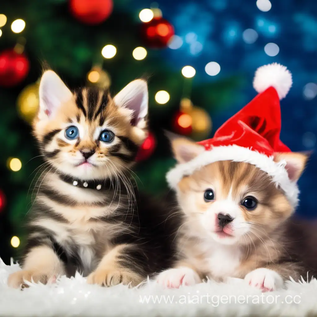 Смешные котенок и щенок с новогодней шапкой, на фоне елки