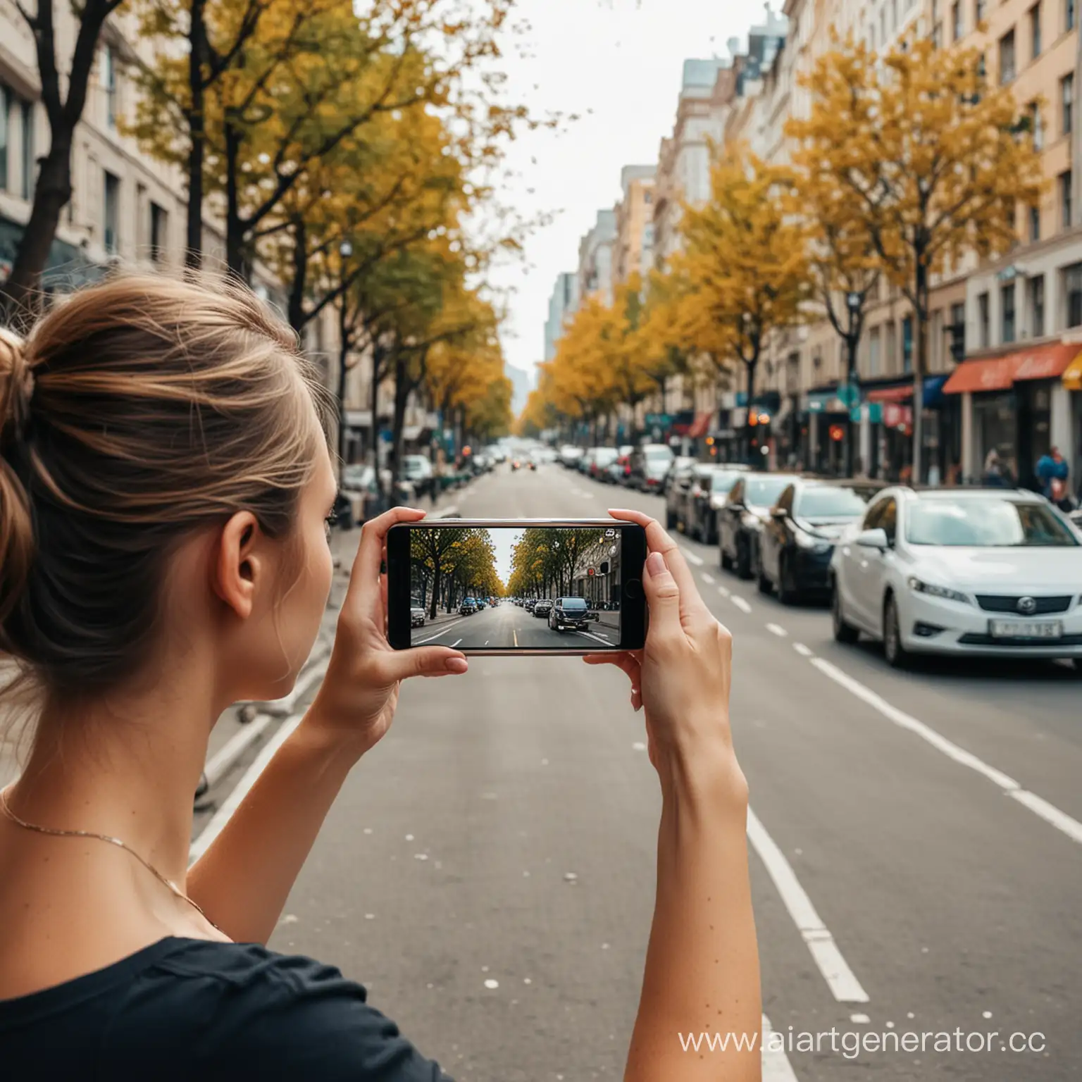девушка снимает видео на телефон на улице на фоне города машин и деревьев
