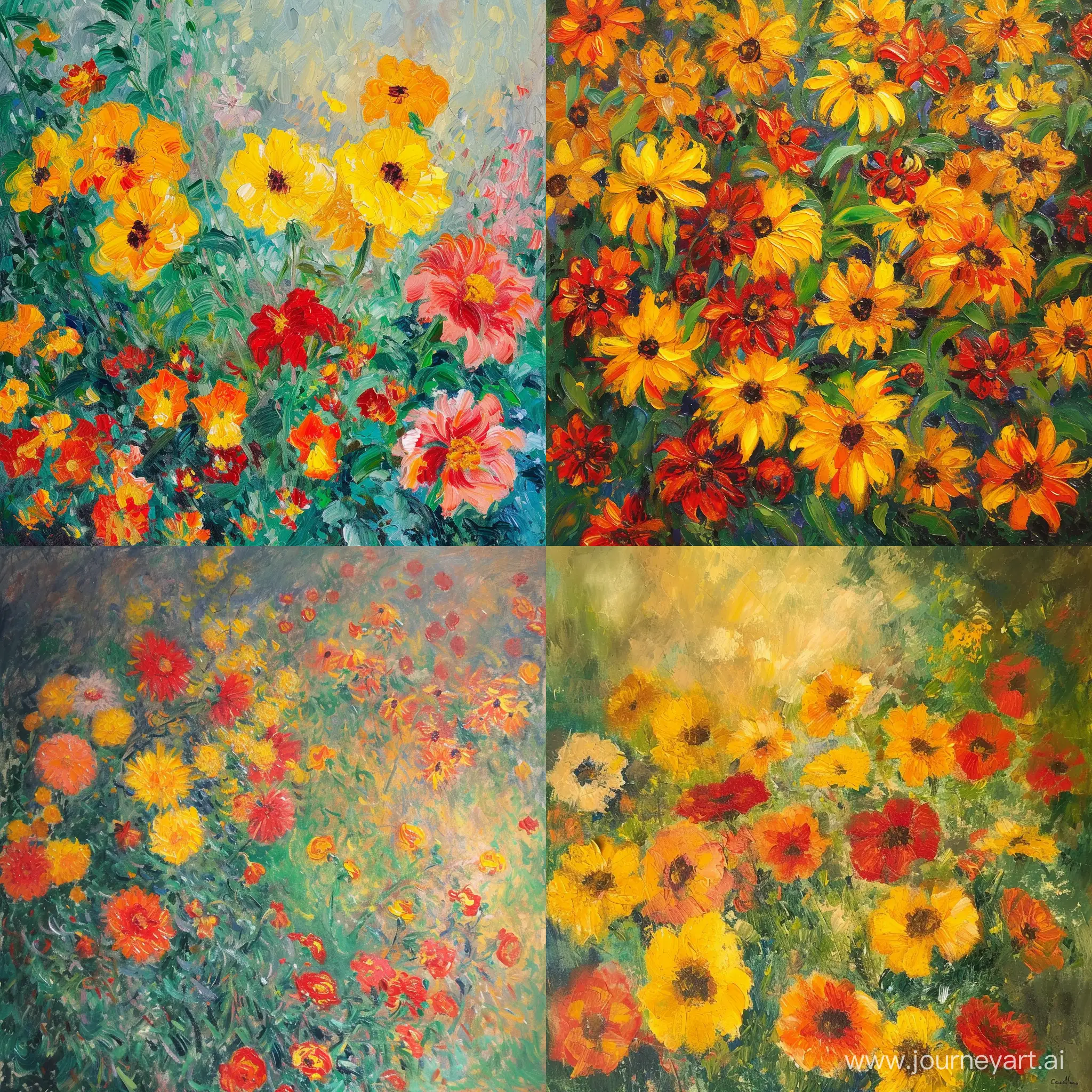Vibrant-Monet-Flowers-Acrylic-Painting-with-Yellow-Red-and-Orange-Blossoms