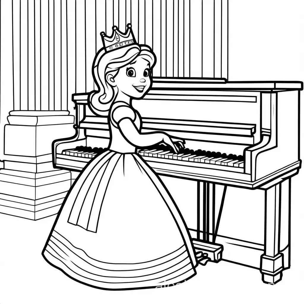 princess playing a piano, Coloring Page, black and white, line art, white background, Simplicity, Ample White Space. The background of the coloring page is plain white to make it easy for young children to color within the lines. The outlines of all the subjects are easy to distinguish, making it simple for kids to color without too much difficulty