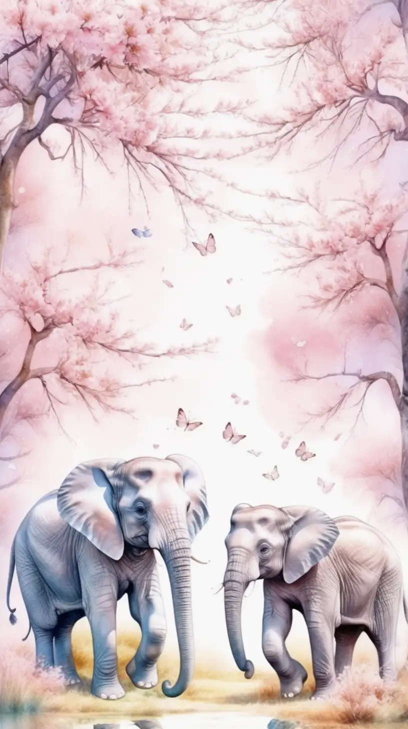 generate an image of a watercolor small elephants with blossom trees