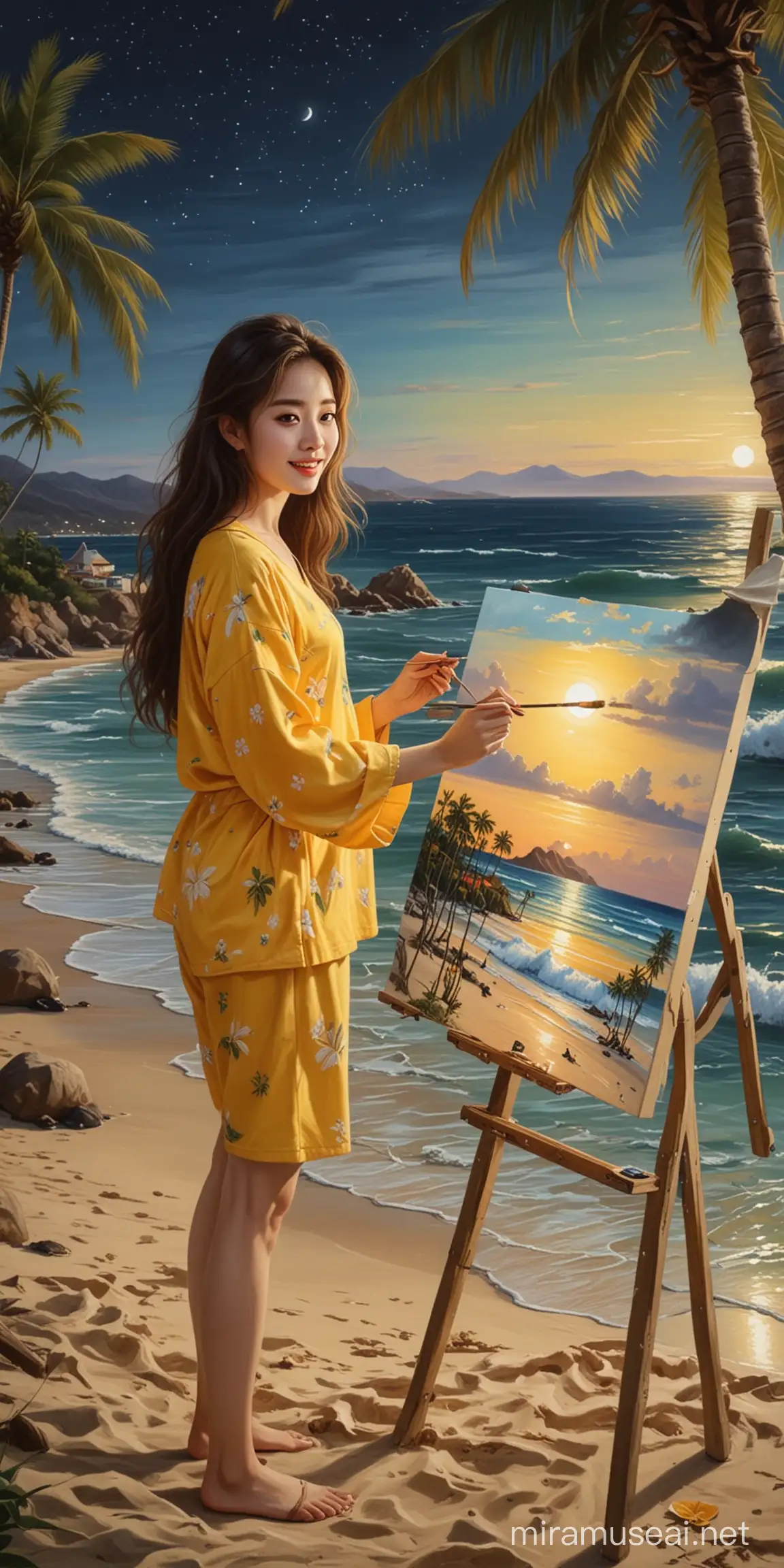 Korean Woman Painting Tranquil Night Beach Landscape