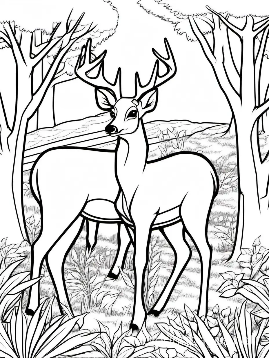 Deer Herd: Deer grazing in a clearing., Coloring Page, black and white, line art, white background, Simplicity, Ample White Space. The background of the coloring page is plain white to make it easy for young children to color within the lines. The outlines of all the subjects are easy to distinguish, making it simple for kids to color without too much difficulty, Coloring Page, black and white, line art, white background, Simplicity, Ample White Space. The background of the coloring page is plain white to make it easy for young children to color within the lines. The outlines of all the subjects are easy to distinguish, making it simple for kids to color without too much difficulty