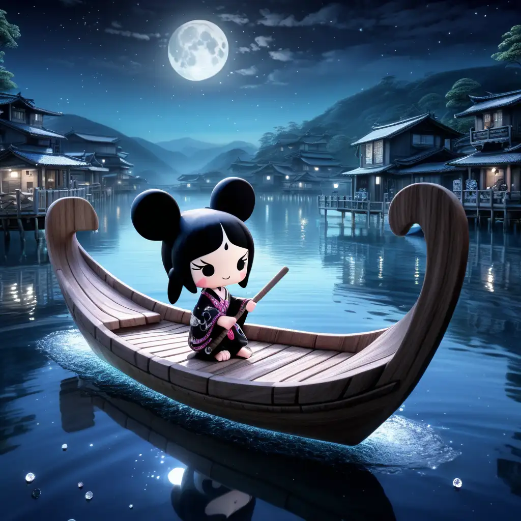 Depict Kuromi crossing a shadowy river on a boat made of ebony wood and adorned with sparkling diamonds, the moonlight reflecting off the water as she navigates the mystical waterscape.