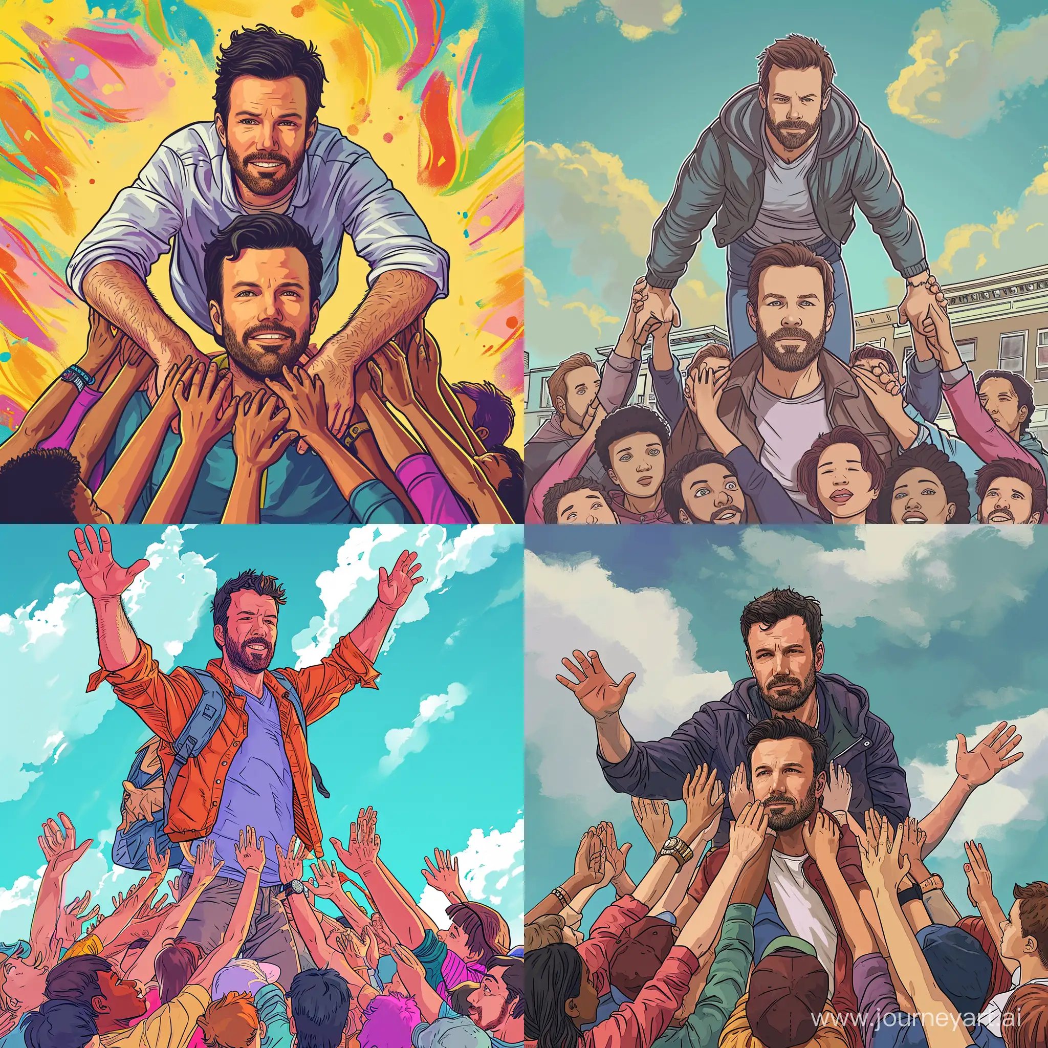 Ben affleck wants to send, go higher, the community wants to send him higher!! 90's nickolodeon cartoon style, make it look like the community is holding ben on top