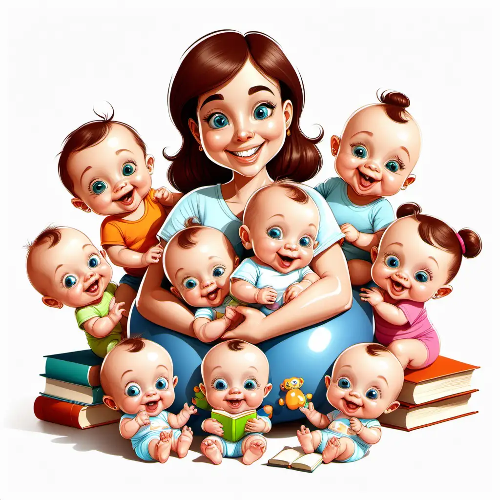 Cheerful Cartoon Babysitter with Three Smiling Babies Surrounded by Books and Pacifiers on White Background