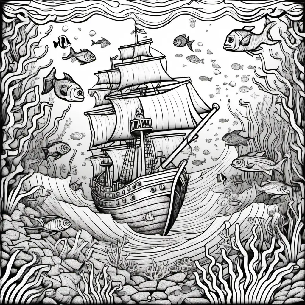 <shipwreck> kids colouring page, clean line art, under the sea background