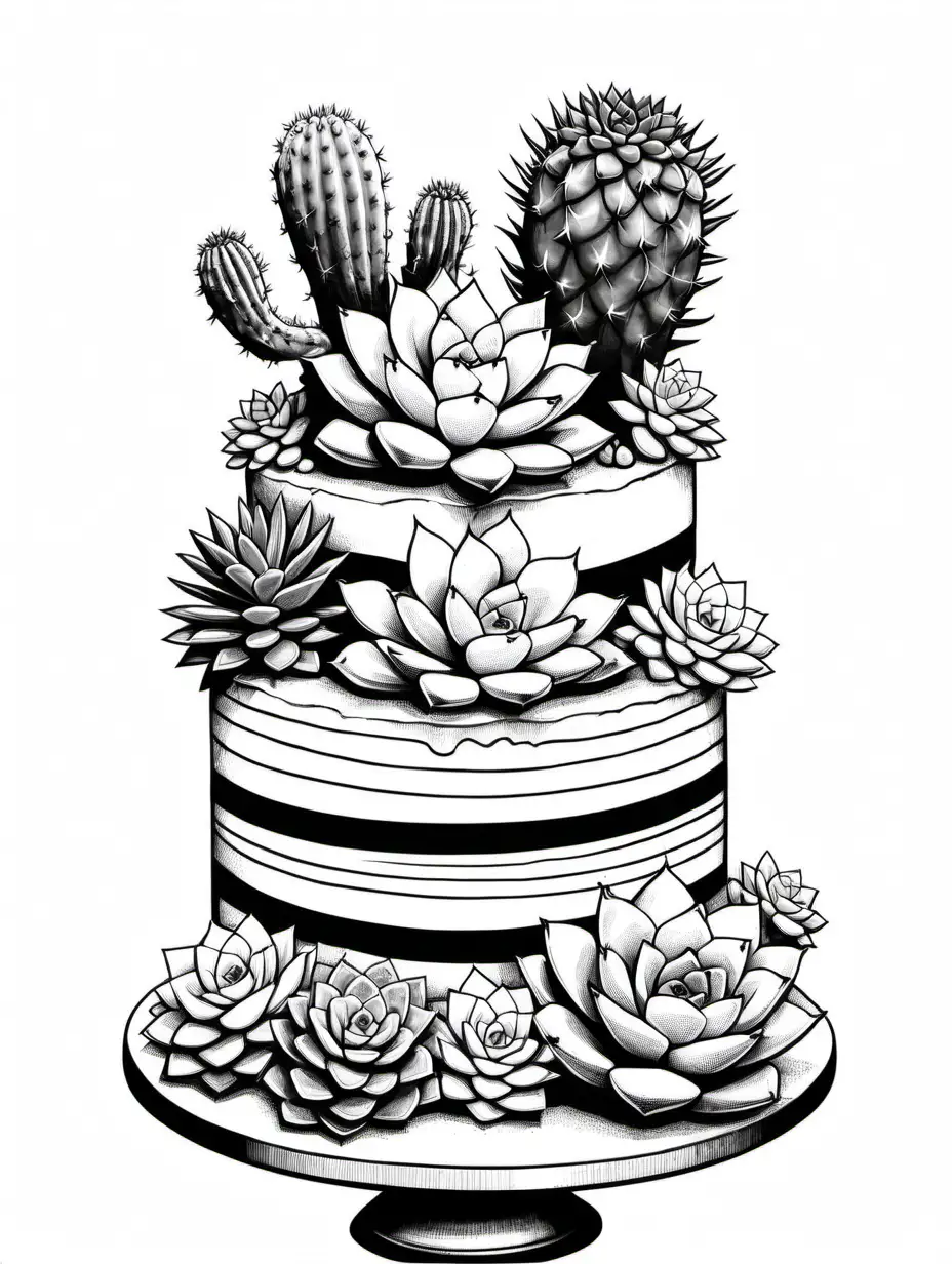 cake with succulents, cacti, black and white,for a trendy and natural look, ,colouring page,white background, bold black lines, simple details, black and white