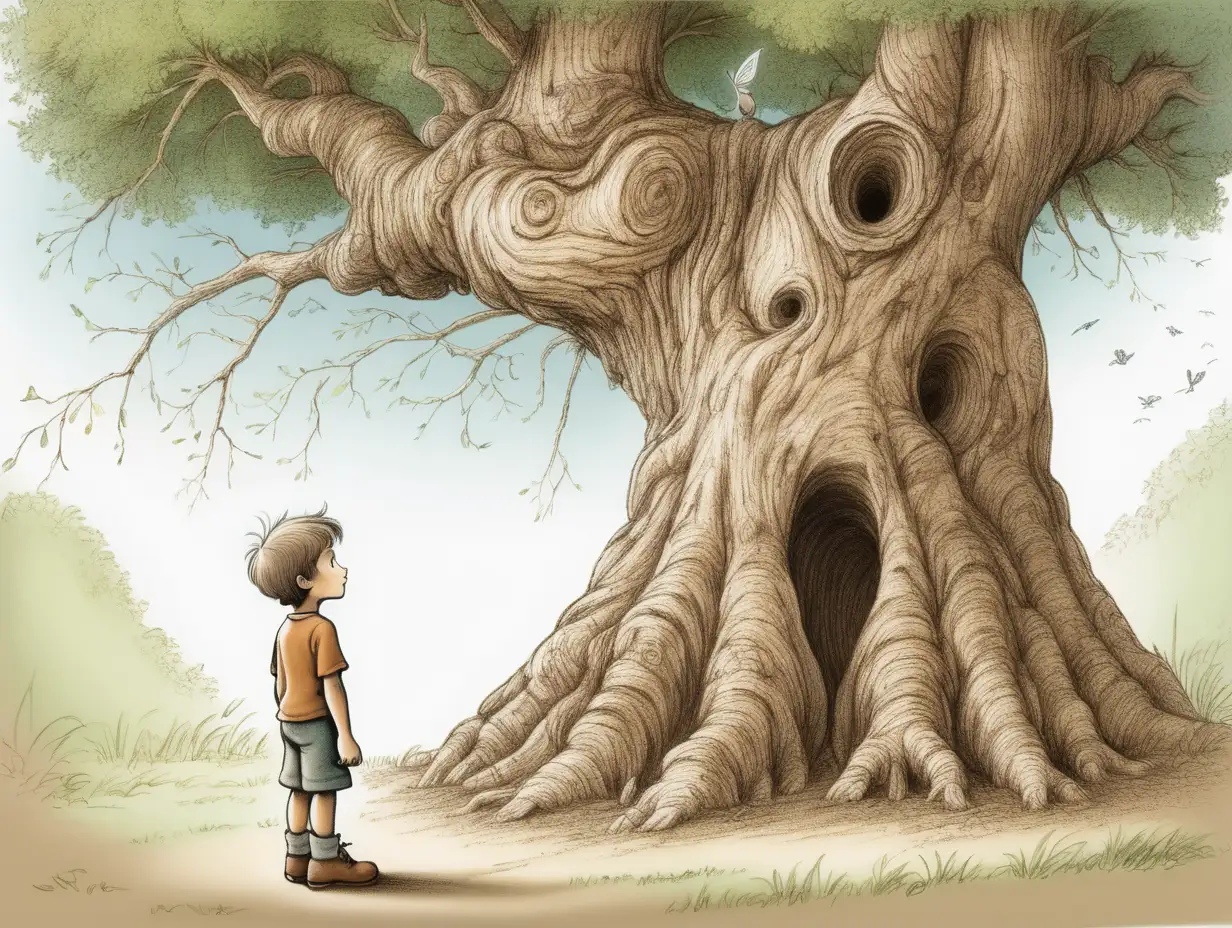 male child of about ten years old looking at an ancient tree that risks being cut down to make room for the construction of a school. The style of the image should be similar to the drawing of a fairy tale that stimulates the imagination, in the style of Waldorf education