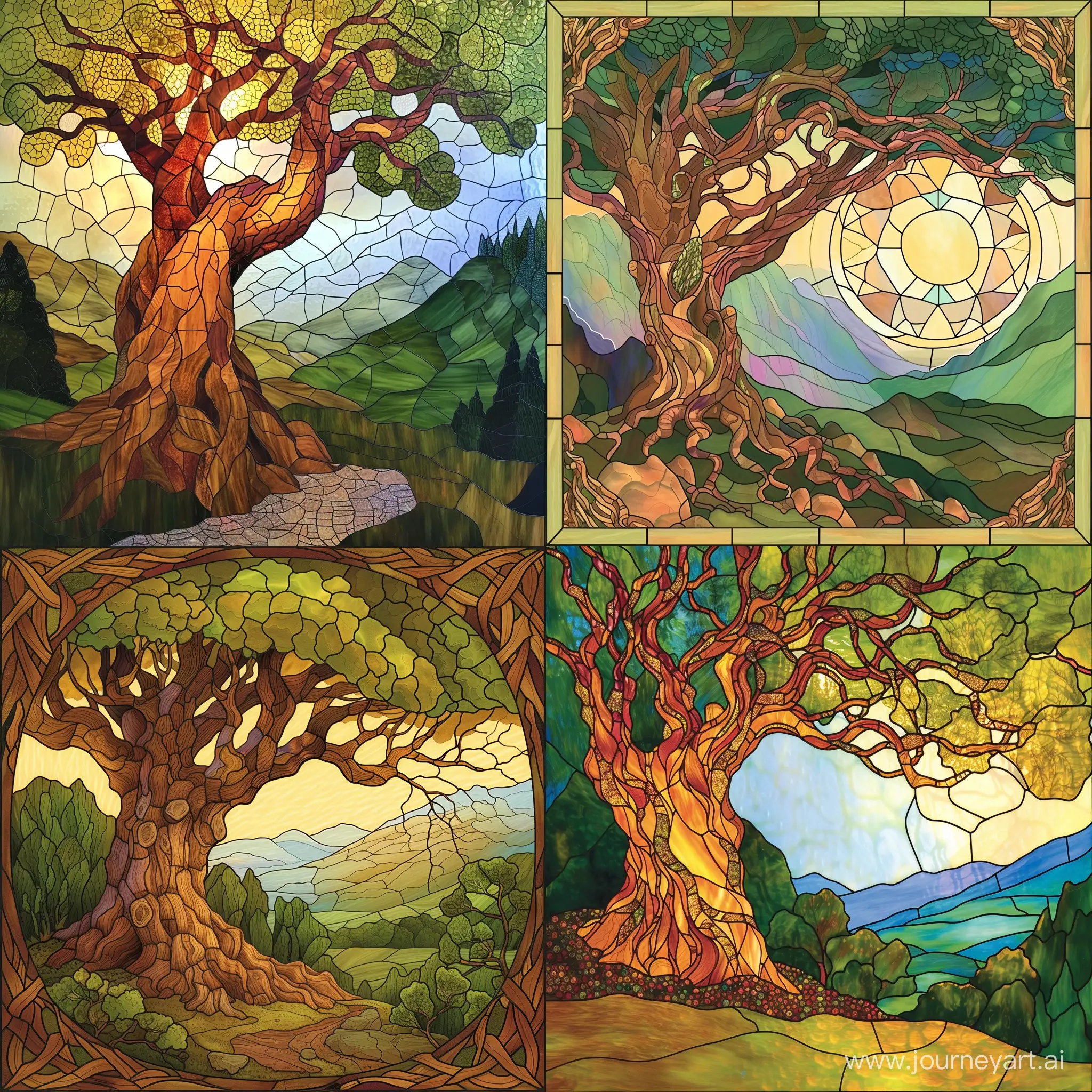 a stained glass illustration of a giant tree in a fantasy landscape