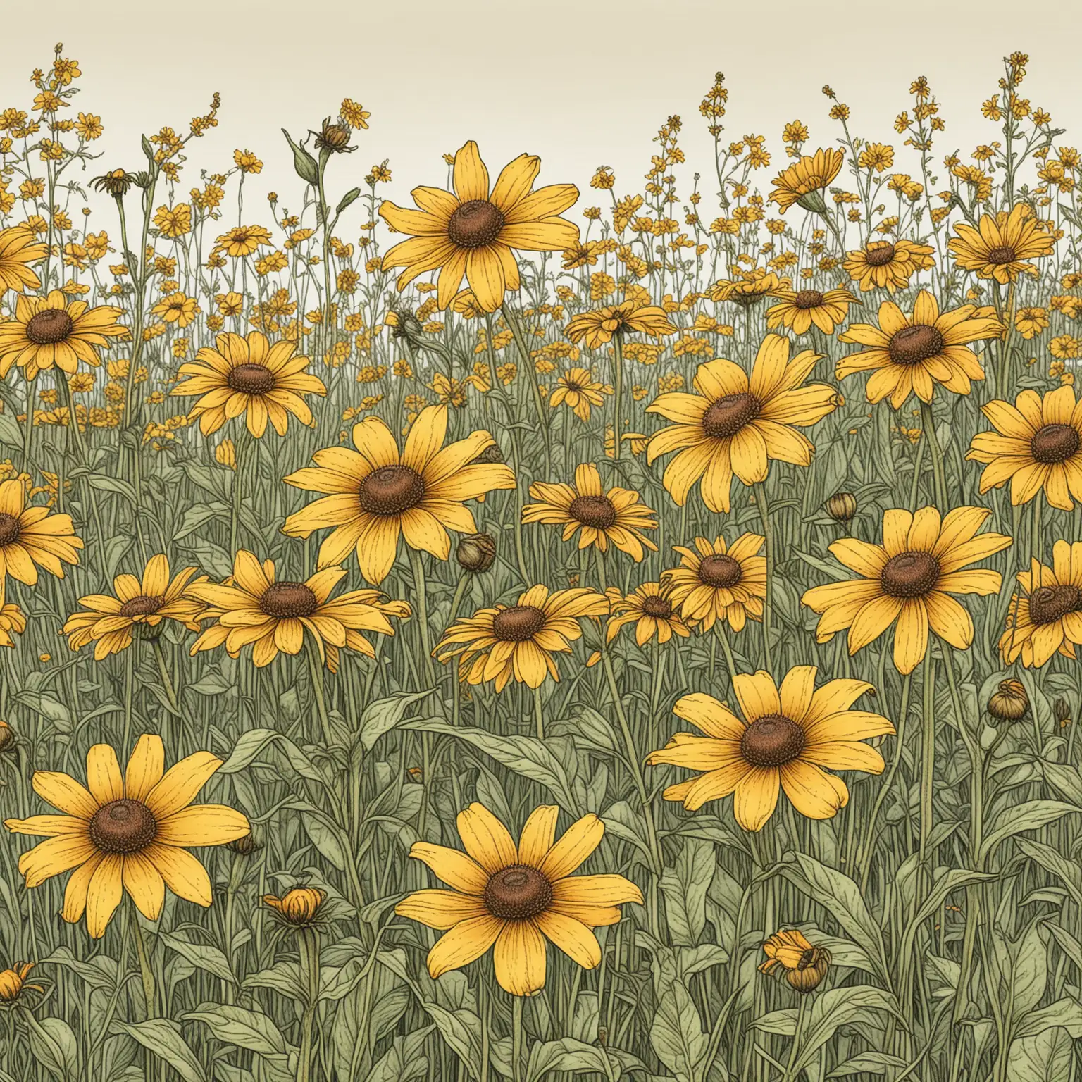 Vibrant Field of BlackEyed Susans and Yellow Daisies Sketch