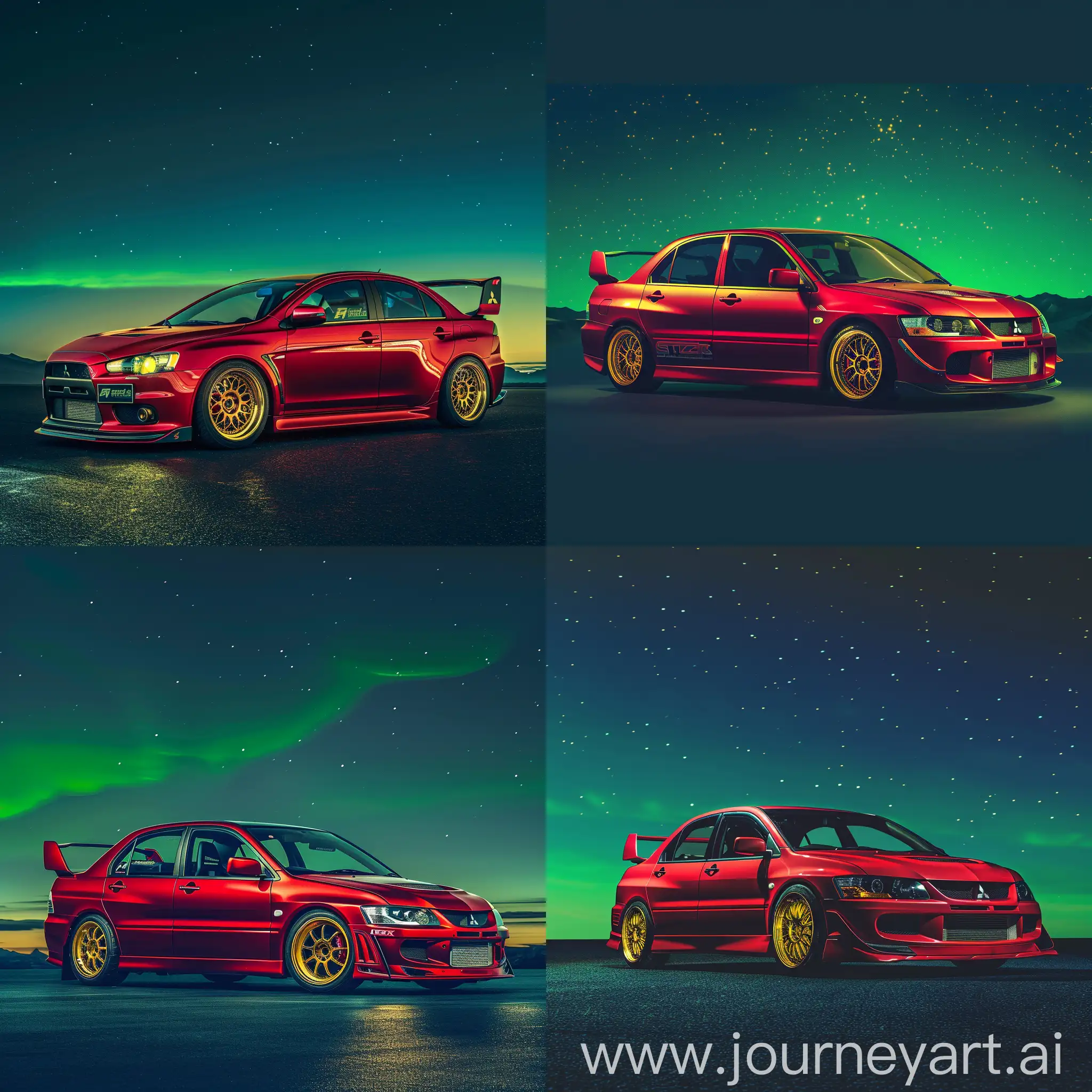 PinterestWorthy-Mitsubishi-Lancer-Evo-Red-Car-with-Golden-Rims-on-Dark-Blue-Background