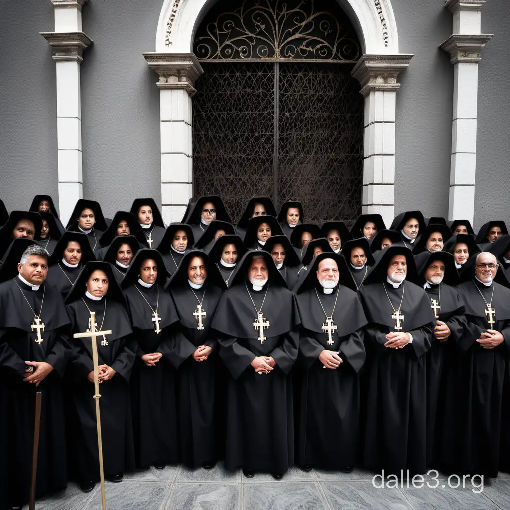 La imagen captura el momento solemne en el que fray Payo Enríquez de Rivera, arzobispo, vestido con sus atavíos eclesiásticos más distinguidos, incluido un mitra y un báculo, está de pie frente al convento y la iglesia, extendiendo sus manos en señal de bendición. Está rodeado por un grupo de capuchinas, otras autoridades eclesiásticas y ciudadanos congregados para la ceremonia. El convento y la iglesia, con su arquitectura imponente y detallada, se alzan majestuosamente en el fondo, integrándose armoniosamente en el paisaje urbano de la Ciudad de México del siglo XVII. La escena transmite un aire de devoción y admiración, reflejando el reconocimiento del arzobispo hacia la contribución espiritual y artística de las capuchinas a la ciudad.