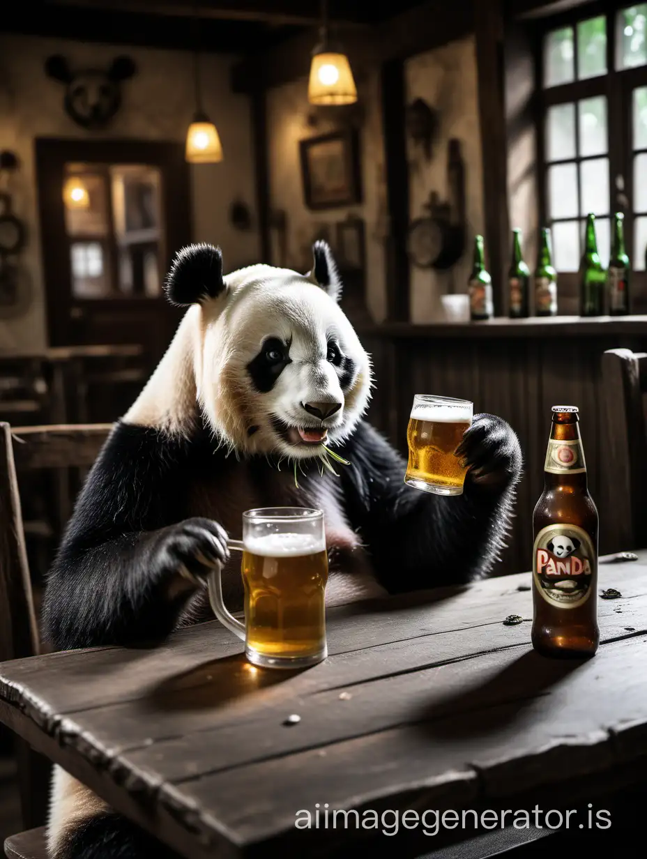 A panda drinking a beer in a tavern, photograph.