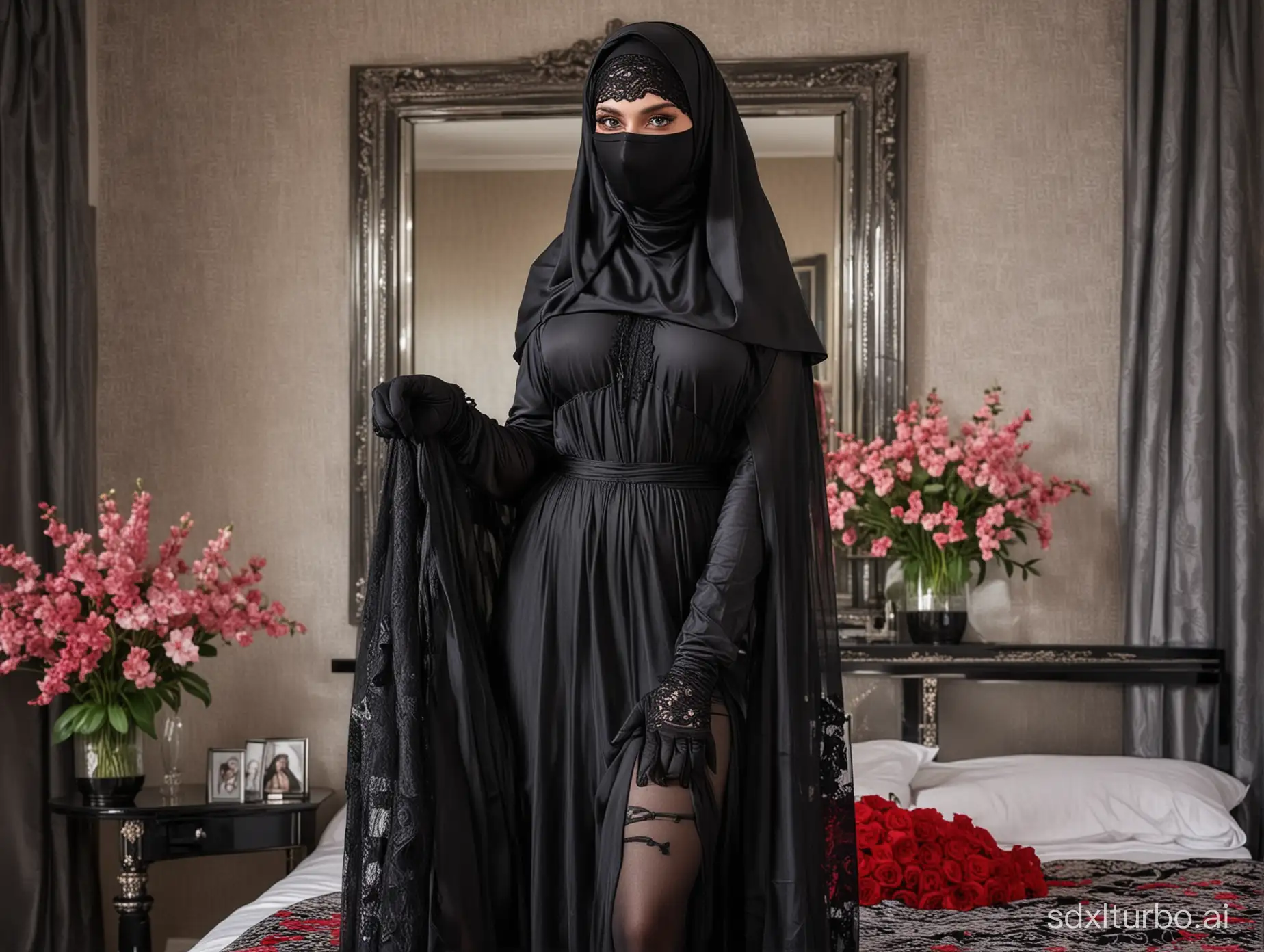 Feminized sissy man standing from behind, small breasts, Personality erased and encased in a long fully grey burqa, blue eyes, complete black hijab with mask on mouth, sprig of jasmine on ear, transparent lace veil mask on eyes, black stockings, high-heeled shoes.
Black gloves.
Luxury room with red satin bed.
Mirror in the background.