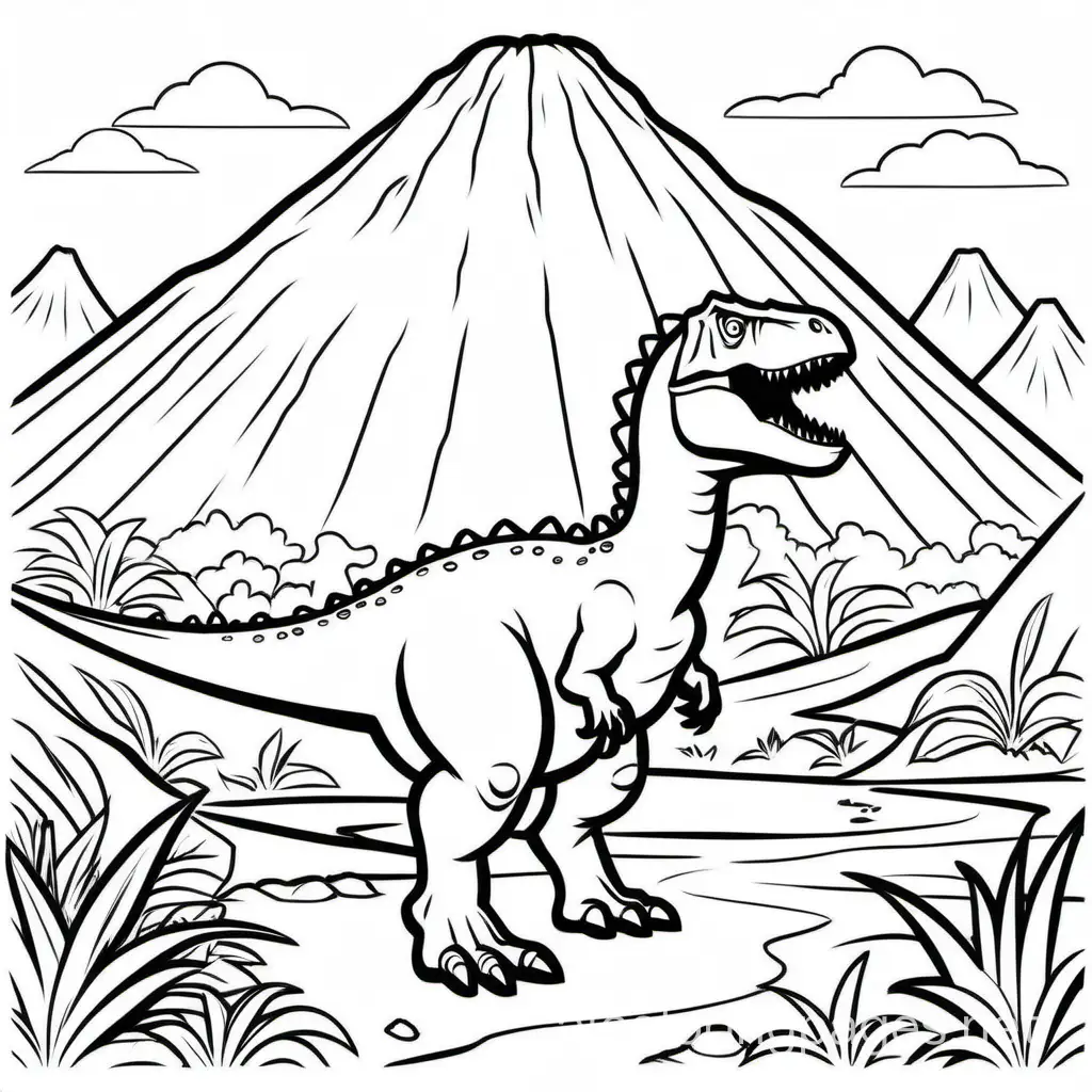 create a kids coloring page about dinosaurs in around a volcano , Coloring Page, black and white, line art, white background, Simplicity, Ample White Space. The background of the coloring page is plain white to make it easy for young children to color within the lines. The outlines of all the subjects are easy to distinguish, making it simple for kids to color without too much difficulty
