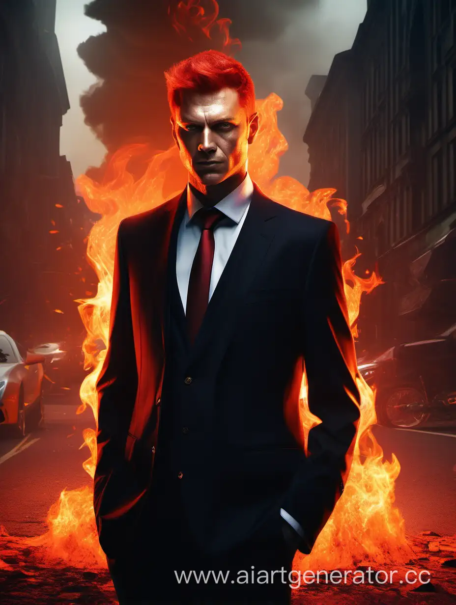 Guy in a black suit,red hair and eyes,fire,lava,fantasy,Vectorian style, street photography style with highlights, extremely detailed, street photography, majism, large-scale figure, dazecore, color photography, magnificent details, photorealistic, over-detailed, excellent color reproduction, white balance, professional RGB photography, natural lighting, Cinematic lighting, Studio lighting, Soft lighting, Volumetric, Beautiful lighting, Accent lighting, Global lighting, Global screen space lighting, Scattering, Glow, Shadows, Post-processing, Post-production, Cell shading, Tonal display, insanely detailed and complex, hyperminimalistic, elegant, over-detailed, over-detailed, complex details, the environment