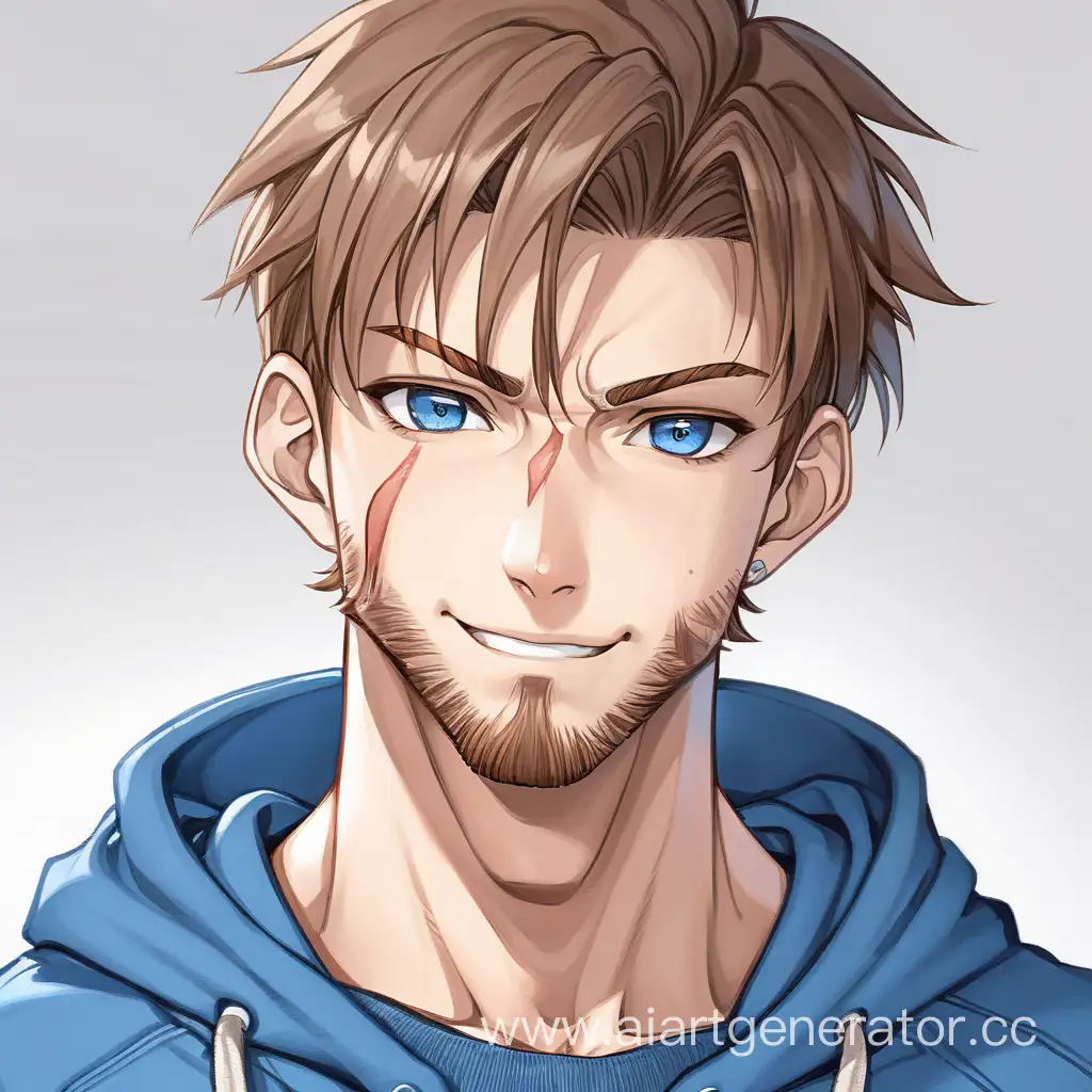 Anime style 20 year old man, muscular build, blue sweatshirt, shaven beard, brown hair, blue eyes, with a scar going down the left eye, brow to cheek, a smile