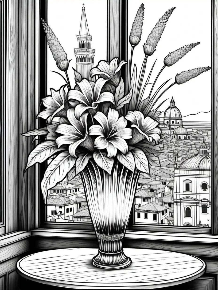 clean black and white, intricate, adult coloring page, white background, tall italian flower arrangement in a murano glass vase containing an assortment of flowers native to italy sitting next to a window on a table with a wood-paneled wall, statues, 2D, vector line drawing, venetian city scene with behind window, flowers are the focal point of the image