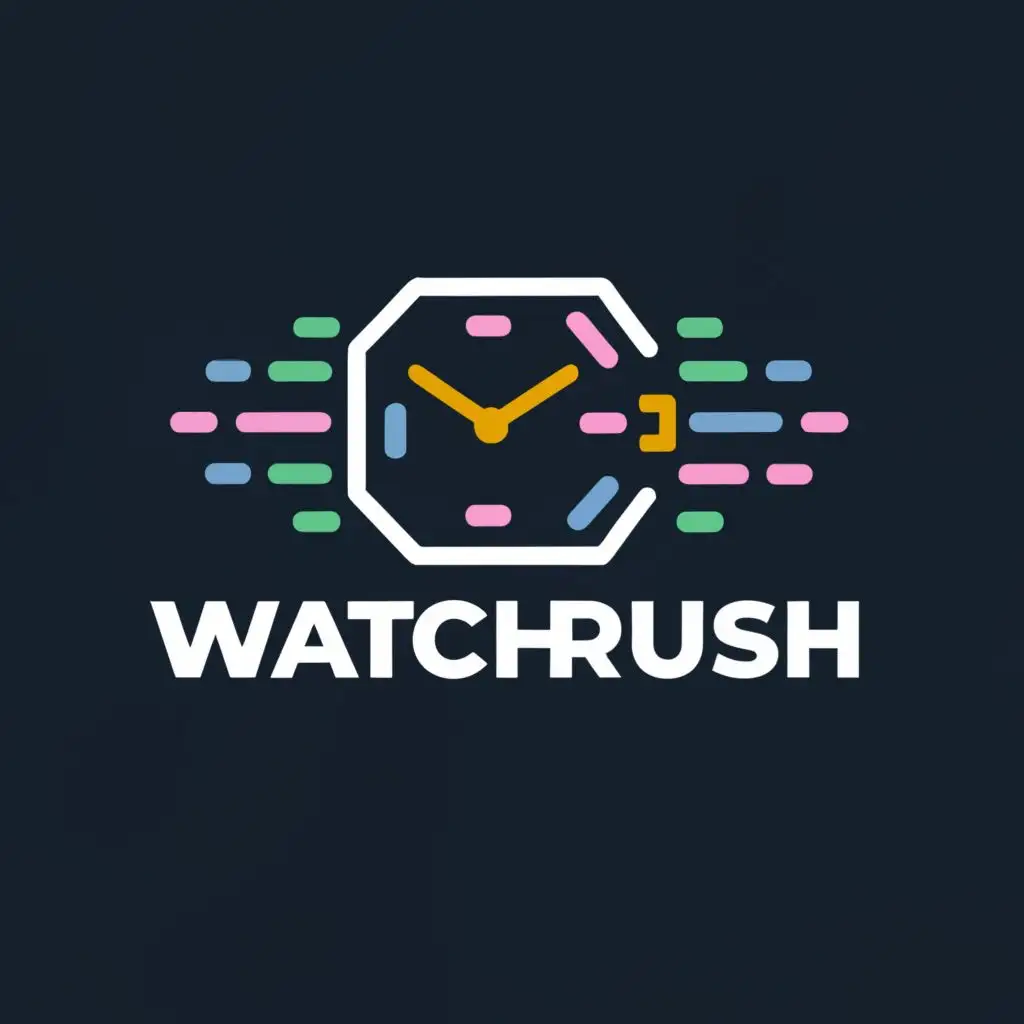 logo, digital watch, with the text "watchrush", typography