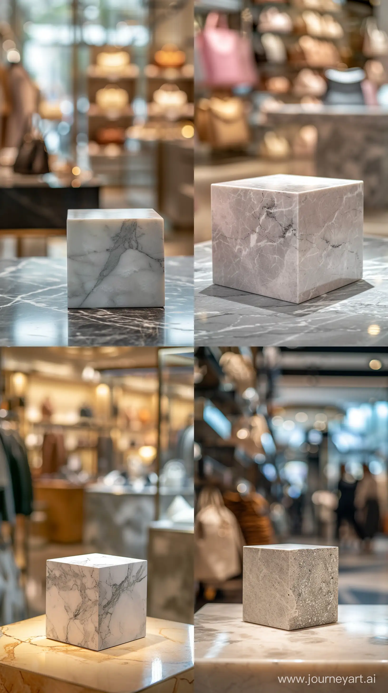 An empty cube of marble in a store that sells expensive and luxurious women's bags and shoes, blurry background, high and close shot. --ar 9:16 --s 100 --style raw --v 6.0