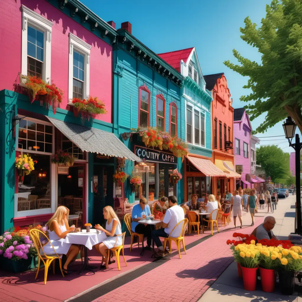 outdoor country cafe decorated with flowers and people sitting, beautiful color buildings surrounding cafe with a street with people walking, in the style of Jack Bush