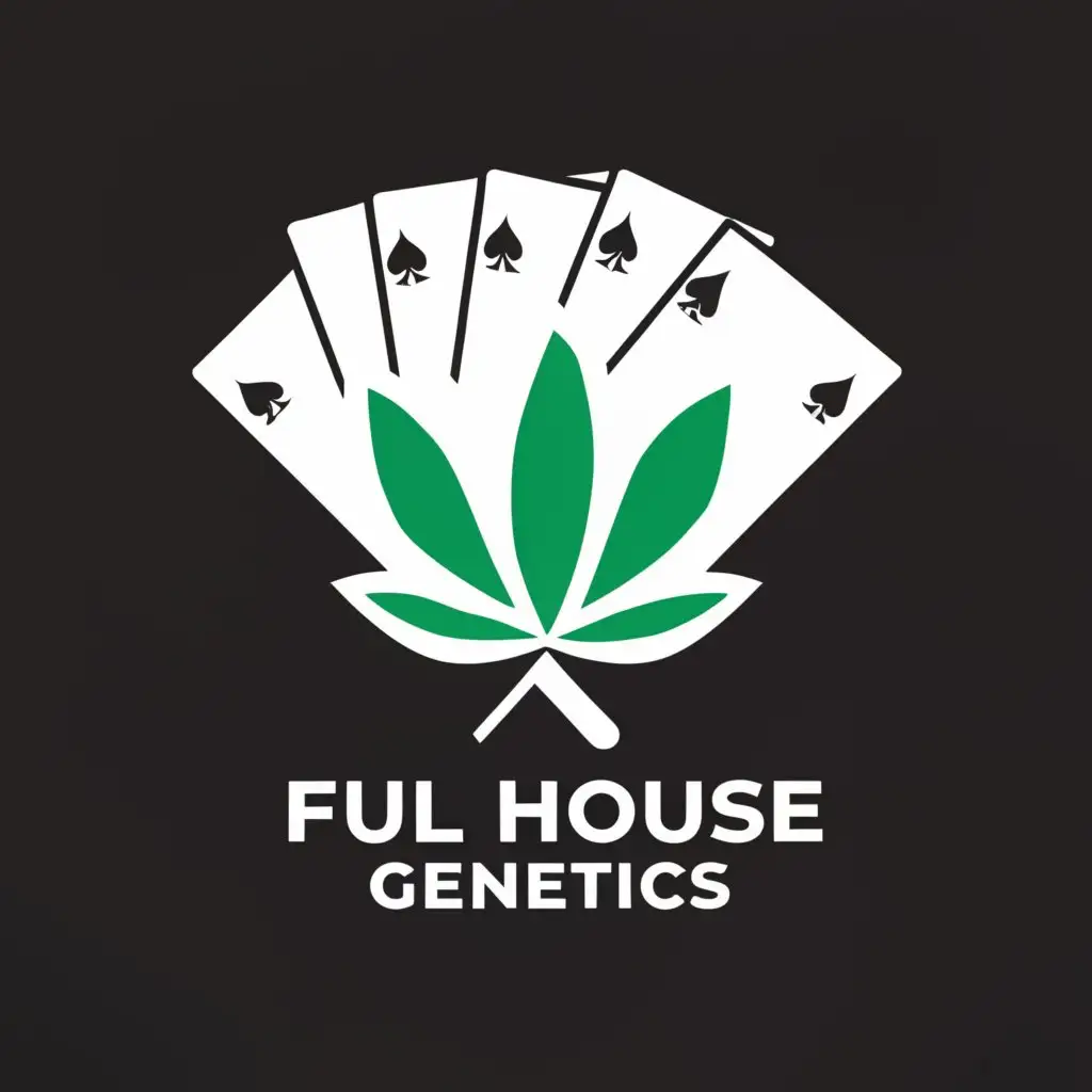 a logo design,with the text "Full House Genetics", main symbol:Full House Poker Cards with Cannabis Leafes on them,Minimalistic,clear background
